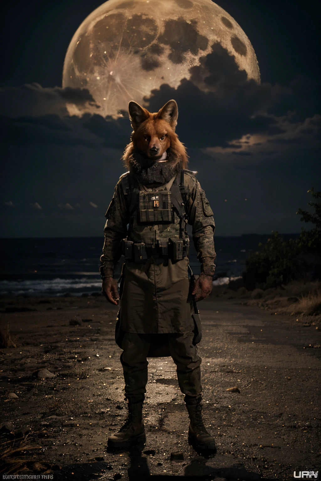 RAW realistic analogues of the den (Maned wolf:1.1) (Man:0.9) Dress up in American army sniper, strong, muscular, tall, Walk through a futuristic cybercity on a rainy night, Full moon in the sky, star | (sharp focus, hyper detailed, extremely complex, Neutral body prints:1.10), natural light, Extremely high-resolution detail, photographic, Realism goes to the extreme, fine texture, incredibly realistic, cinematic film, Filme 35mm, Photography 35mm., skin, Photo, realism, DSLR, 8k UHD, HDR, Ultra-detail, high quality, [[skin]]