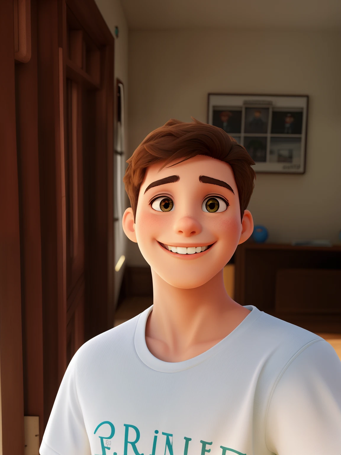 Um adolescente sorrindo levemente olhando para frente
