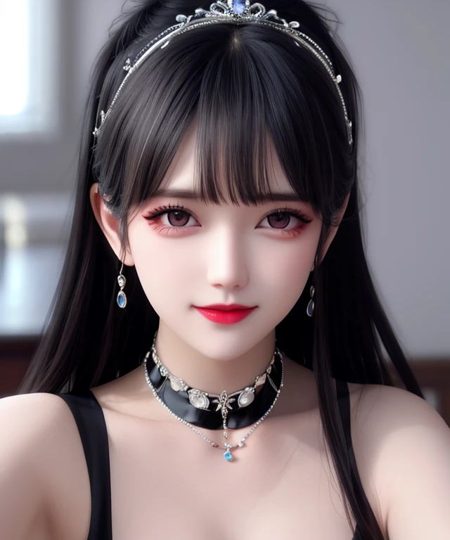 tmasterpiece,Best quality at best,ultra - detailed,8K,Detailed light,detailed shadow,RAW,(Detailed skins),(fidelity:1.2),1girl,the face,pilyeon,Black nails,jewely,Long hair,looking at viewert,choker,choker necklace，nipple piercing，White background，inner strength，Keep one's mouth shut，Gray eye，nail polish，simplebackground，brunette color hair，ear piercings，Black choker，ssmile，eyeslashes，cparted lips，Place your hand on your cheek，By bangs，bangle，bead，Pedras preciosas，耳Nipple Ring, finger nails，bust，v neck，huge tit