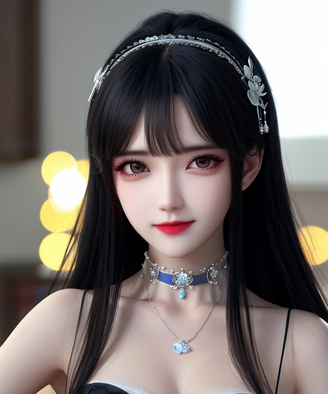 best qualtiy，tmasterpiece，hight resolution，1girl in，full bodyesbian、ta prostitute，hair adornments，choker necklace，jewely，美丽的面容，physical，dingdall effect，realisticlying，Dark Studio，edge lit，two tone lighting，（highdetailskin：1.2），8K UHD， Digital SLR, softlighting, hightquality, volumettic light, Sneak Shots, Photore, hight resolution, 4K, 8K, Background bokeh,