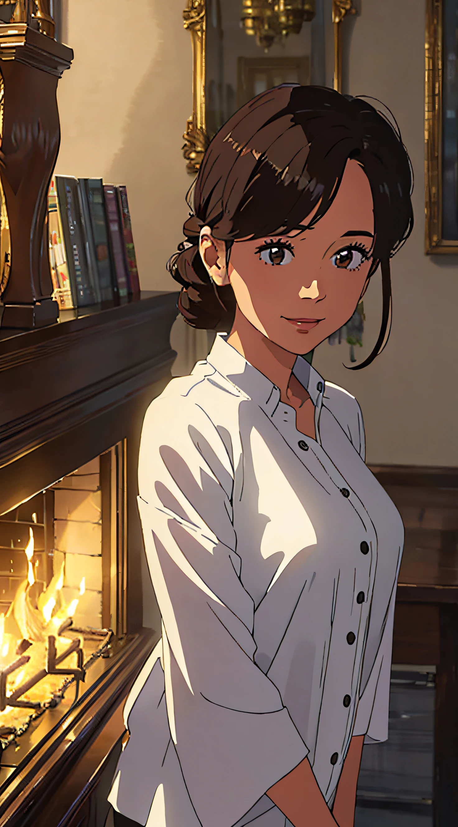 Girl, small bust, curly dark brown hair, light smile, simple white blouse. The fireplace behind her serves as the only source of light, casting warm and flickering shadows on her face. The atmosphere is desolated and bare. The girl's hair is meticulously detailed, with each curl carefully rendered to showcase its texture and volume. Her smile is gentle, adding a sense of joy and serenity to the scene. She is dressed in a pristine white blouse, which contrasts beautifully with her dark hair. The fireplace, with its crackling flames, illuminates the room with a warm and inviting glow contrasting with the darkness of the room. The image quality is of the highest standard, with unparalleled sharpness and clarity. It is captured in 4K or 8K resolution, showcasing every intricate detail with precision and realism. The colors are vivid and vibrant, adding depth and liveliness to the artwork. The composition and lighting are masterfully done, emphasizing the girl's delicate features and creating a visually striking image. The overall aesthetic style is a blend of realism and photorealism, bringing the scene to life with a heightened sense of realism.