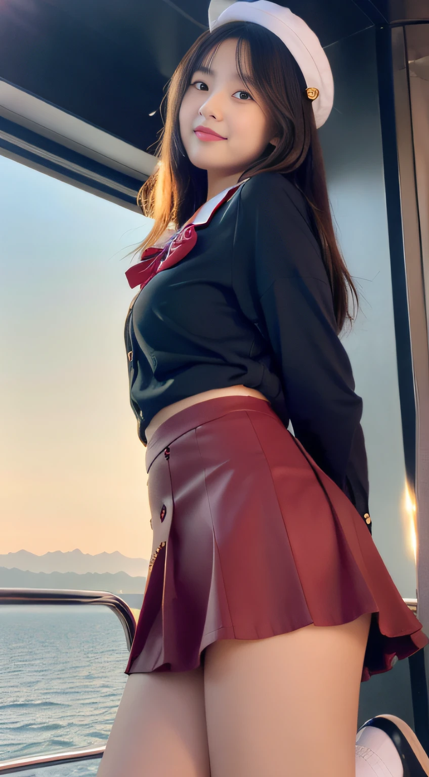 (best quality,4k,8k,highres,masterpiece:1.2),ultra-detailed,(realistic,photorealistic,photo-realistic:1.37),HDR,UHD,studio lighting,sharp focus,physically-based rendering,extreme detail description,professional,vivid colors,contemporary art,subtle pastel color palette,soft lighting,A young girl,[beautiful detailed eyes],[beautiful detailed lips],[long eyelashes:1.1],(Hairstyle: tousled bob.),[delicate features],sensual expression,overlooking the vast ocean,[luxury cruise ship],[sleek design],[gleaming metal surface],[captivating sunset sky],creating a dreamy atmosphere, mix4,tianfeng1,(Sailor Skirt: Red high-waisted mini skirt with white buttons),(Sailor Shirt: White long-sleeved blouse with a sailor collar and red bow tie.),(Shoes: Navy blue lace-up flats.),(Red sailor hat ),(kneeling),(upskirt:1.1),(smile:1.2),(Fashionable lace underwear),(take from behind)