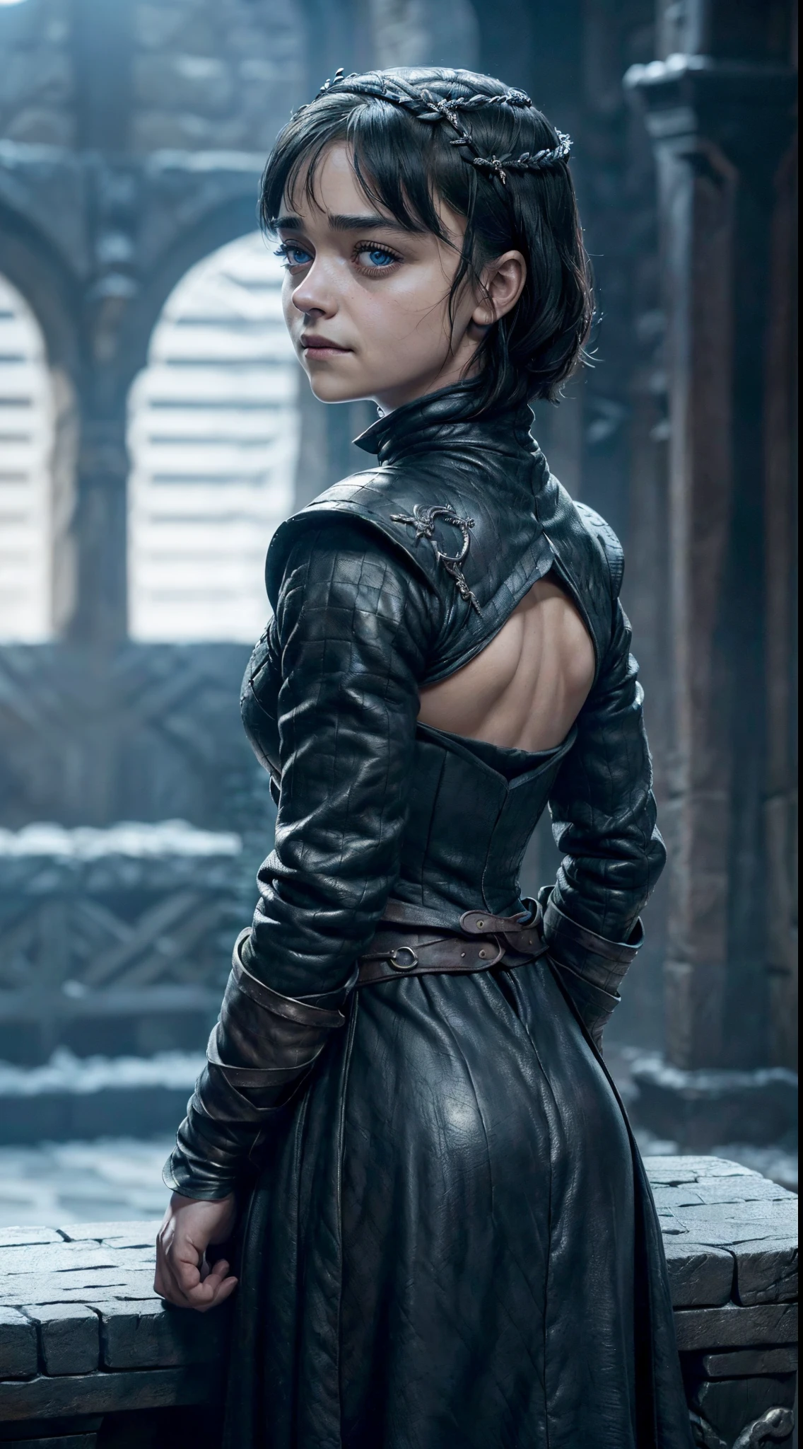 (((diagonal back view))), ((Masterpiece)), ((ultra high definition)), ((ultra high resolution)), ((full sharpness)), ((maximum quality)), ((Cinematic)), ((8k)), ((Arya Stark/Maisie Williams)), ((perfectly identical to the series)), ((extremely beautiful)), ((Game of Thrones)), ((alone)), ((full body)), ((ultra detailed face)), ((ultra detailed eyes)), ((ultra realist eyes)), ((ultra detailed irises)), ((totally normal irises)), (((identical irises))), ((ultra delicate hands)), ((ultra detailed hands)), ((ultra detailed fingers)), ((natural lighting)), ((malicious smile)), ((smooth skin)), ((totally ultra realistic)), ((repeat the same face)), ((always the same face)), ((repeat always the same face)), ((always the same body)), ((always the same proportions)), ((always the same clothes)), ((very flat belly)), ((looking at the camera)), ((in the world of Game of Thrones)), ((very hot)), ((natural colors))