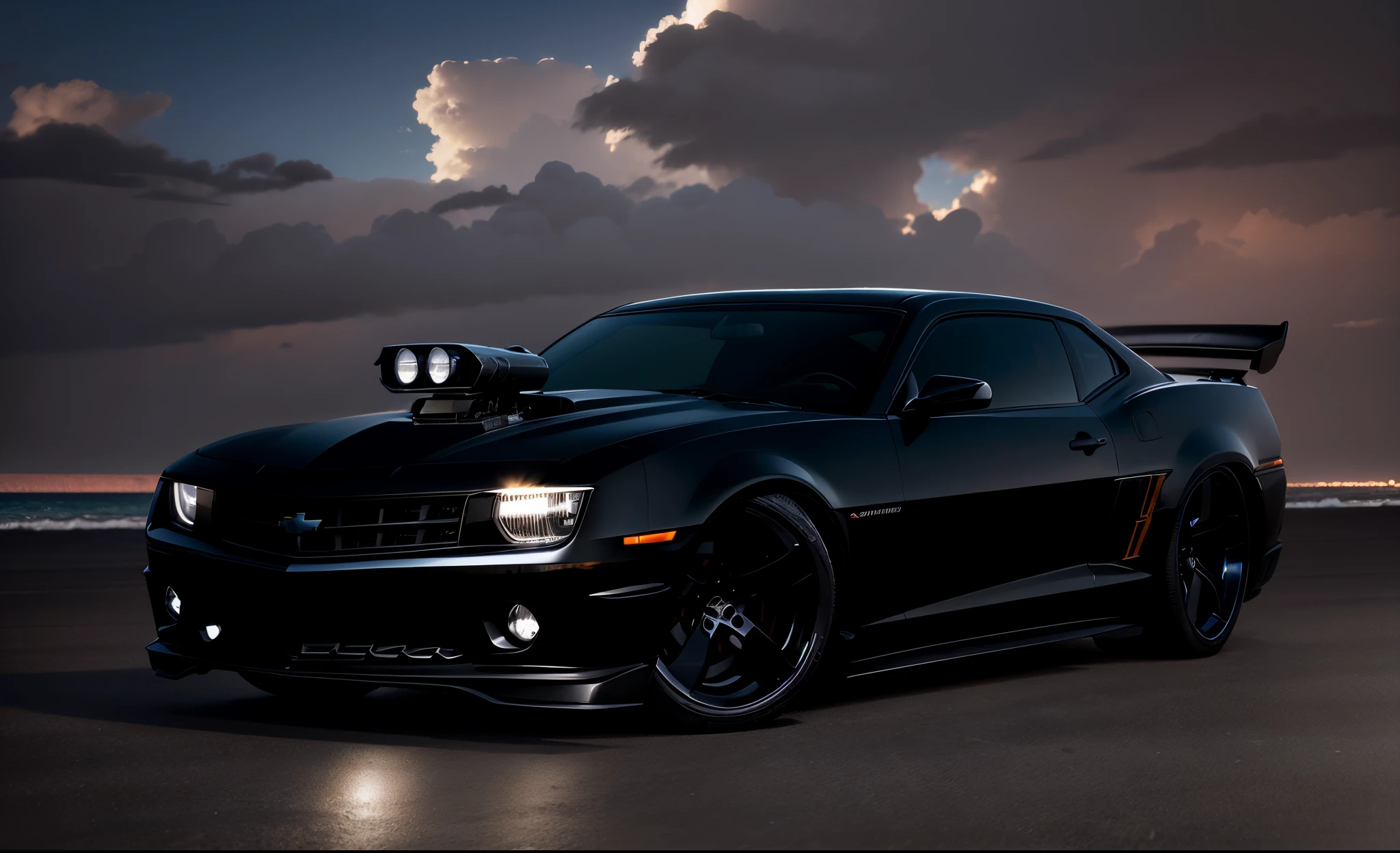 Imponente Preto Chevy Camaro esporte Show Car, with headlights on and on, enormes rodas BBS, Ridiculously low posture parked near palm trees and beautiful mansions with balconies in sunny California with the sun shining in the blue sky with clouds and shining on the yachts and ocean