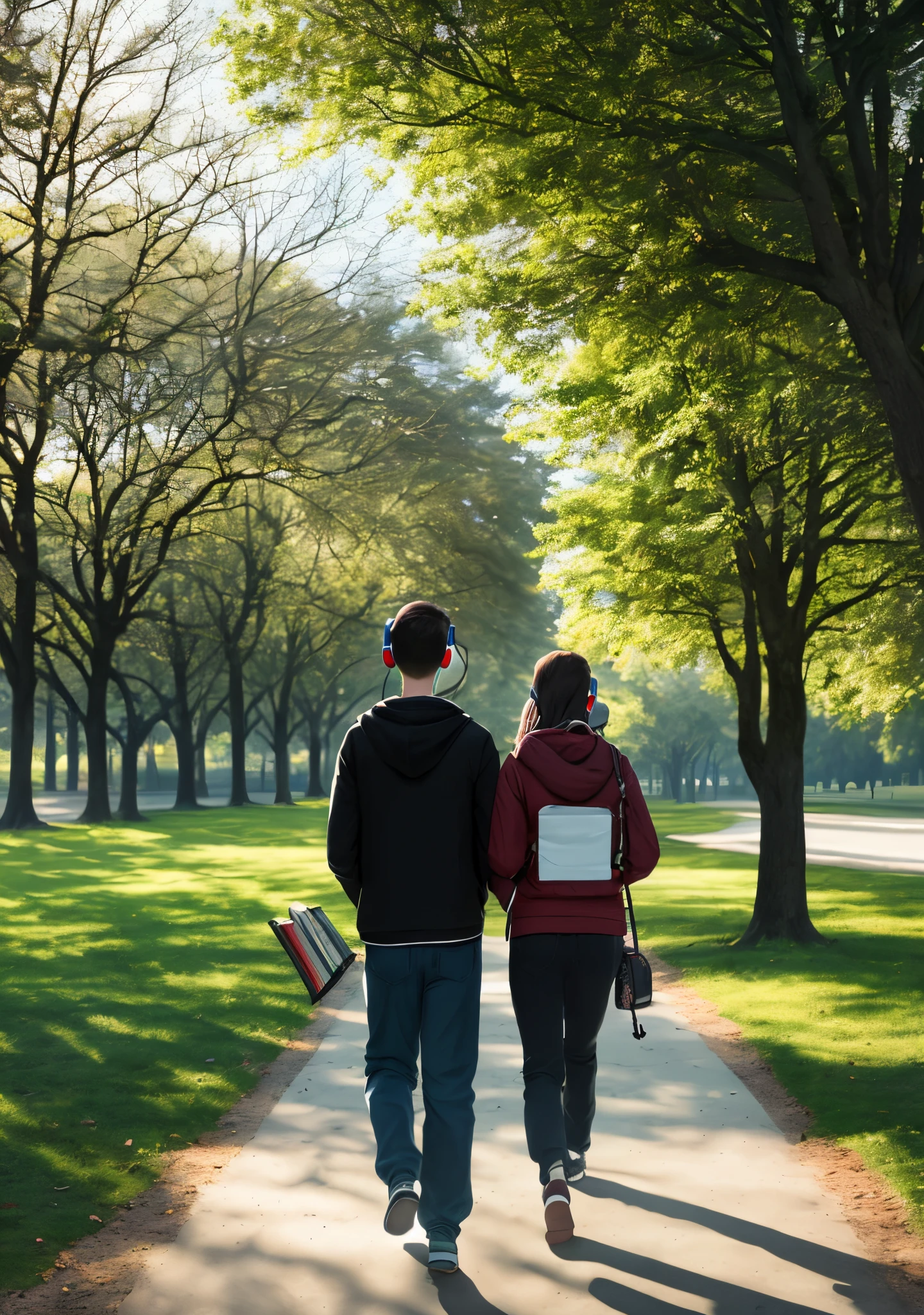 Create an image of a boy walking with headphones on and a girl walking with books in her hands in a park walking on opposite sides