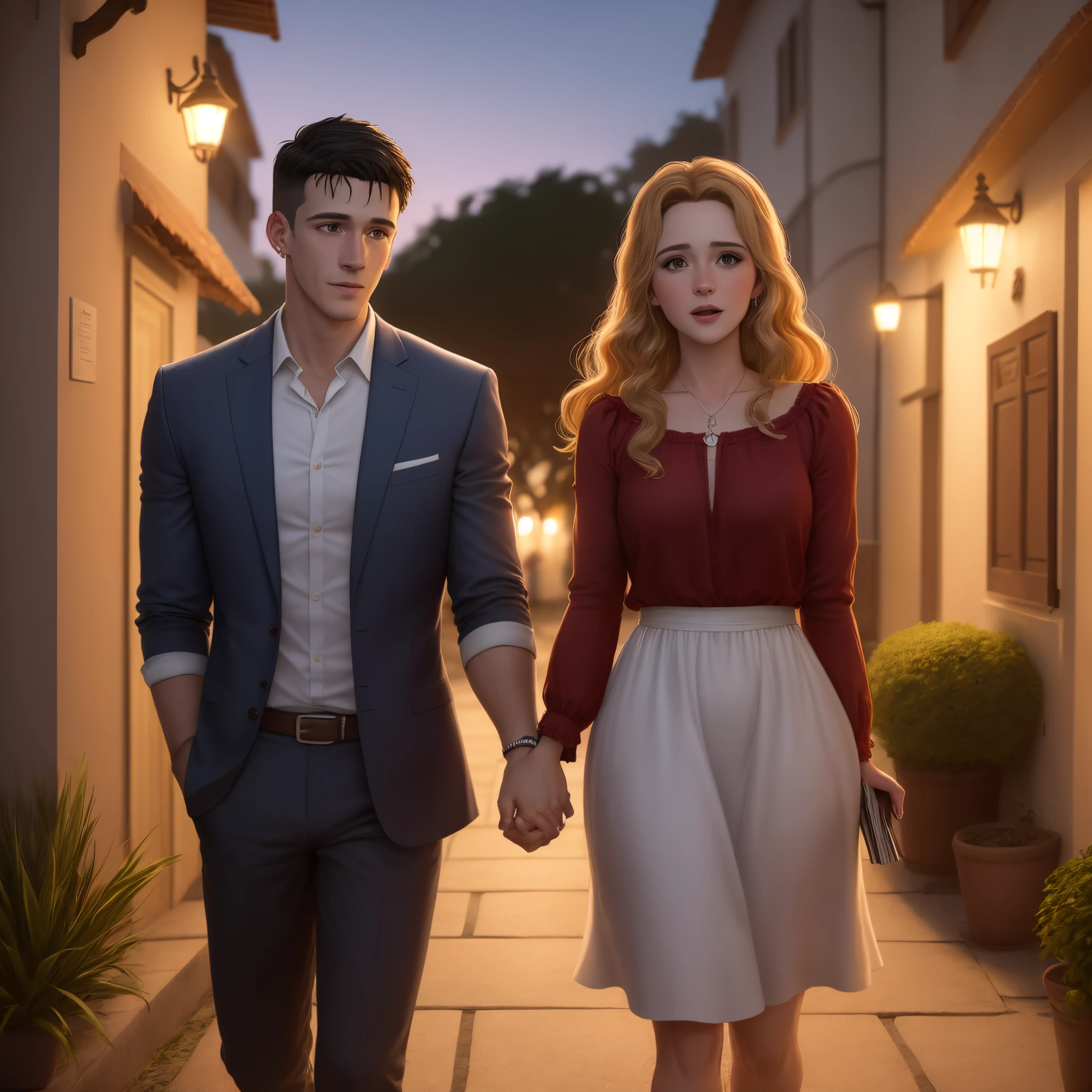 Create images from a comic book with the following script:
title: "Amor em Quadrinhos"
1. Cena: Um belo dia ensolarado em uma cidade movimentada. Conhecemos os protagonistas, Pedro e Maria, dois jovens comuns que se cruzam pela primeira vez.
2. Cena: Pedro is walking distracted, com fones de ouvido. Ele esbarra em Maria, fazendo-a derrubar todos os livros que estava carregando.
Pedro: Desculpe, me desculpe! I didn't see you there.
Maria: Tudo bem, sem problemas. (sorri) Acontece, born?
3. Cena: Pedro and Maria start talking while helping to collect the books from the floor. They discover they have many interests in common and begin to feel attracted to each other..
4. Cena: Agora, Pedro and Maria are in a cafe. Eles riem, conversam e se conhecem cada vez mais. The connection between them grows as they share stories and dreams.
5. Cena: Os encontros continuam e o relacionamento deles se aprofunda. Pedro and Maria begin to face challenges together, supporting each other in difficult times.
6. Cena: Pedro decides to express his feelings and prepares a romantic surprise for Maria. He takes her to a park at night, where a message of lights is projected on a wall, dizendo "Eu te amo."
Maria: (surpresa e emocionada) Pedro... I love you too!
7. Cena: O tempo passa e o amor entre Pedro e Maria continua a crescer. Eles experimentam aventuras juntos, overcome obstacles and create unforgettable memories.
8. Cena: Peter and Mary are now in a garden, in the sunset, cercados por flores. Pedro se ajoelha e tira uma caixa do bolso com um anel.
Pedro: Maria, Will you marry me and share the rest of our lives together?
Maria: Sim! Sim, eu quero!
9. Cena: Pedro and Maria's wedding is shown with friends and family around, celebrating the couple's union. Their love story is celebrated and everyone wishes them a life full of happiness.
10. Cena: Pedro and Maria are together, envelhecidos, sentados em um banco no mesmo pa