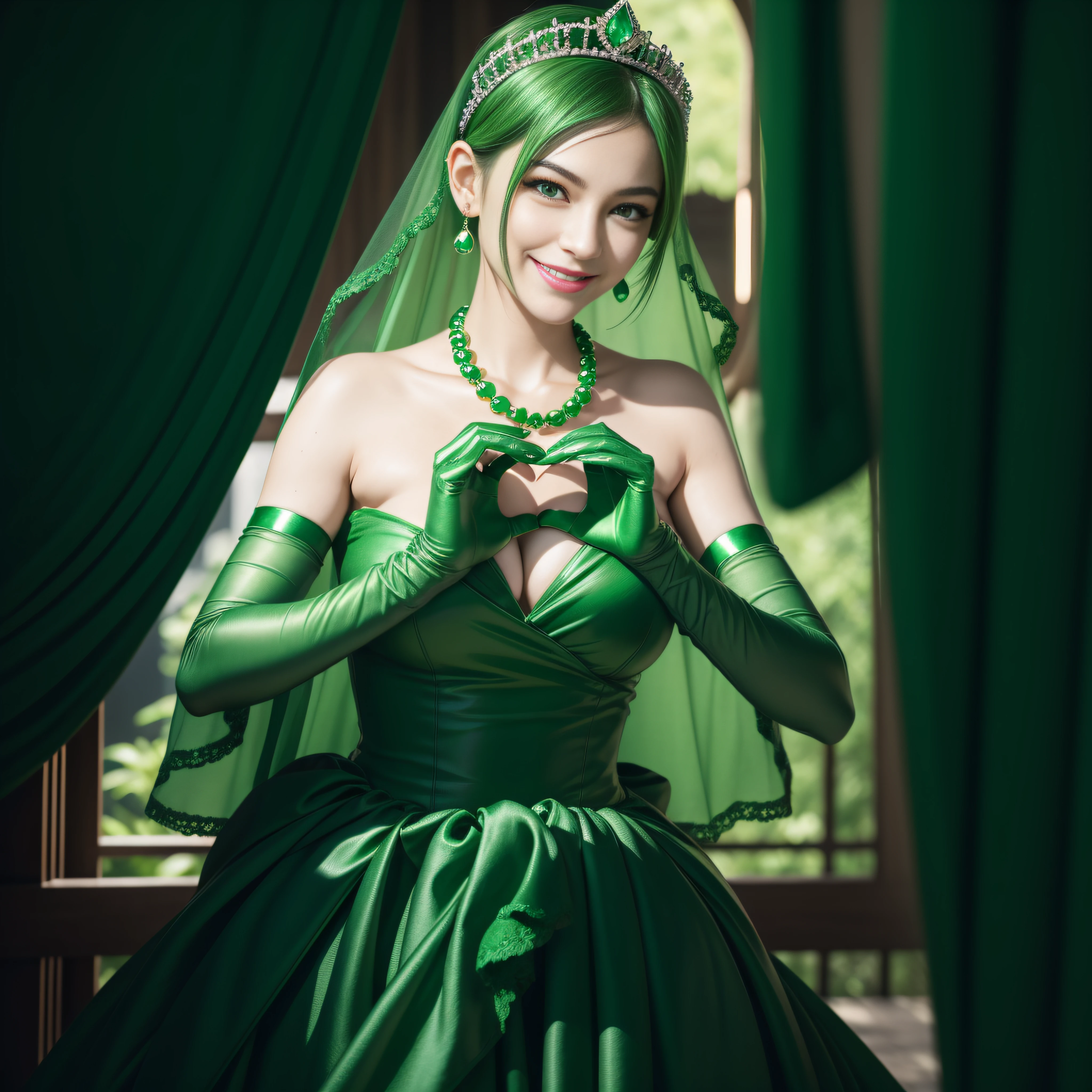 emerald tiara, Green Pearl Necklace, Boyish very short green hair, lipsticks, Japan woman smiling, very short short hair, big breasts beautiful, Green eyes, Long green gloves made of satin material, Green eyes, Emerald Earrings, green vale, Heart with both hands, Green hair