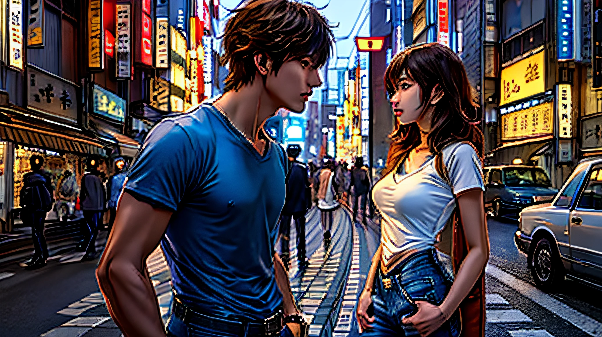 Masterpiece, anime scene of a Western man and a korean woman standing in front of a city,  Western male in white t-shirt and dark blue jeans, Yellow brown hair,  blue sharp eye watching on female on the street of tokyo, vibrant colors, intricate details. Araffe woman in a blue  top posing for a picture watching on male on the street of tokyo, she is gorgeous young korean woman.