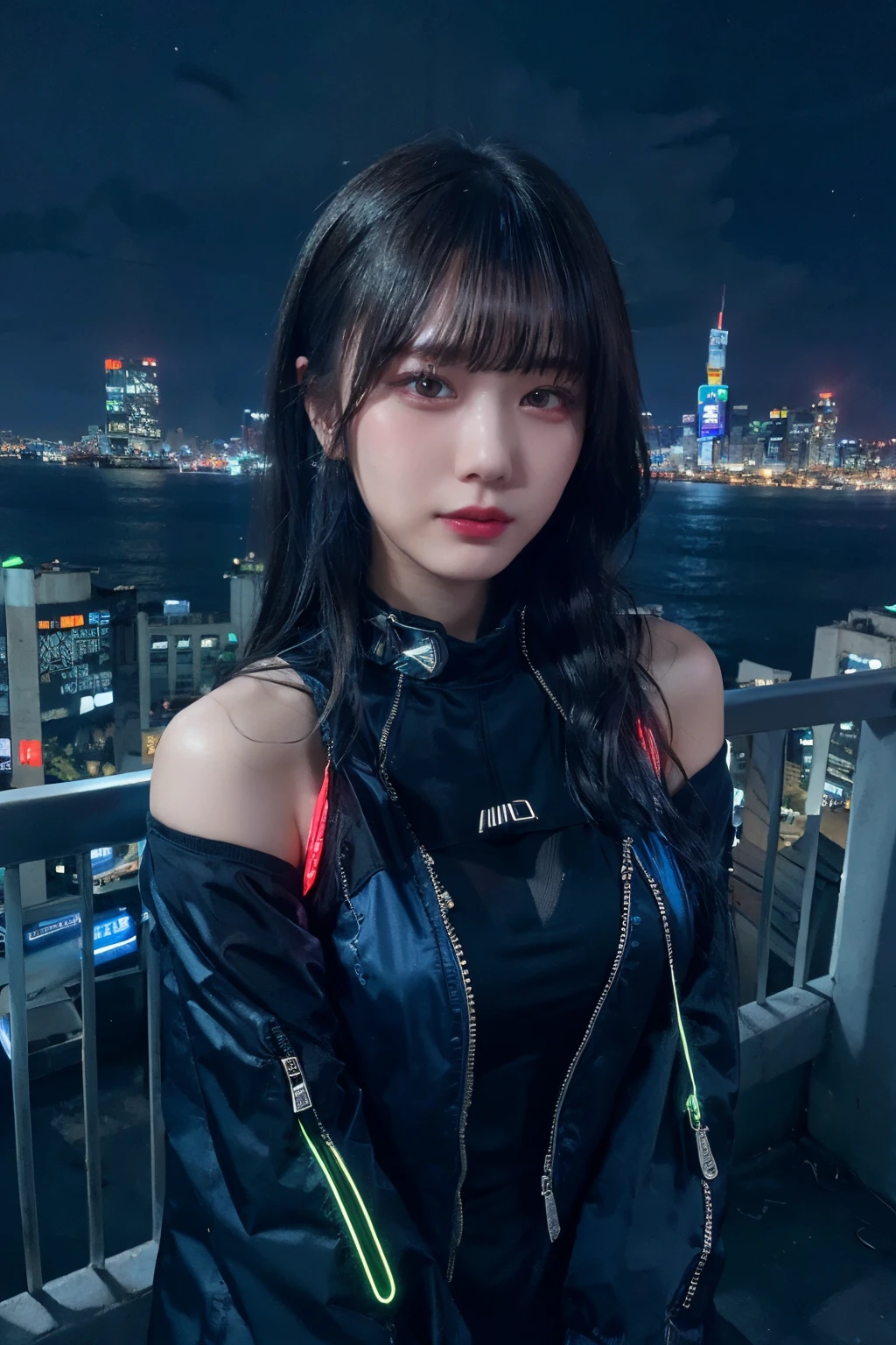 (​masterpiece), top-quality, 超A high resolution,teens girl, Cyberpunk 1 girl flying over stunning cityscape ,parka,lightblue hair, Neon Color Shooting Star, Very long hair, off shoulders, feathers hair ornament, neon color, The Flash, stunning night sky, 电影灯光, Photorealsitic, real looking skin, HDR,fish-eye lens, (((Futuristic clothing where each part lights up)))