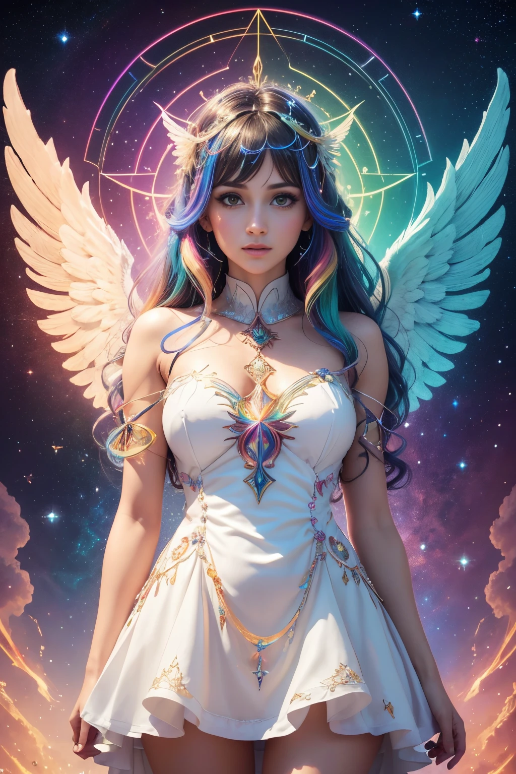 Film illustration, holographic illustration, Beautiful and perfect angel woman with rainbow colored angel wings with luminous sparkles. Detailed and defined rainbow colored angel wings. Alas de Angel completas y grandes . Angel hermosa y Divina con alas grandes y cuerpo
Completo. Rostro precioso y detallado. Ojos muy claros con una mirada profunda y penetrante y de frontal. Celestial white tunic-type dress with many rainbow-colored details with lots of light. Tiene joyas preciosas de colores arcoirirs. 3D, hiperdetallada, hiperrealista, obra maestra. arte digital, Realismo. Hd. Alta calidad. high resolusion. 8k