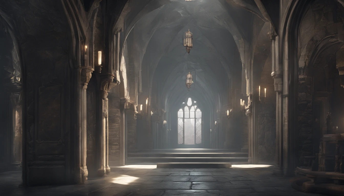 (best quality,4k,highres,masterpiece:1.2),ultra-detailed, top down long hallway in a medieval castle on a cloudy day with stone walls and tall windows and cool sunlight shining through the windows, a cold grey and bleak atmosphere