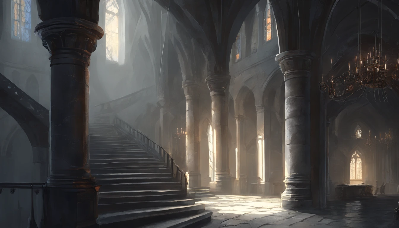 (best quality,4k,highres,masterpiece:1.2),ultra-detailed, top down long hallway in a medieval castle on a cloudy day with stone walls and tall windows and cool sunlight shining through the windows, a cold grey and bleak atmosphere