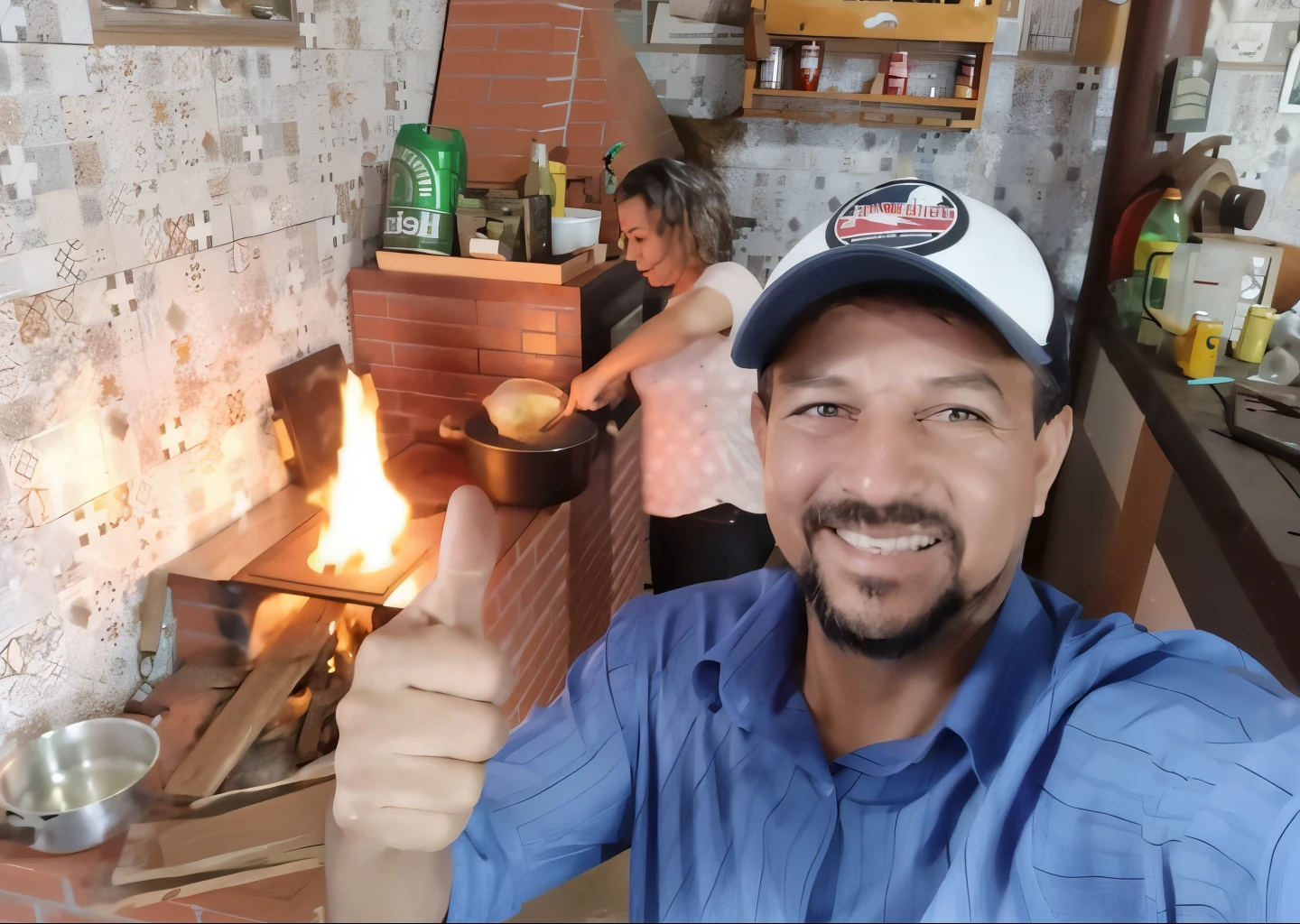 there is a man that is making a thumbs up in front of a fire, by Nándor Katona, by Luis Miranda, by Felipe Seade, foto realista, by Willian Murai, cooking show, profile image, edu souza, carmelo blandino, by Veno Pilon, by Antonio Parreiras
