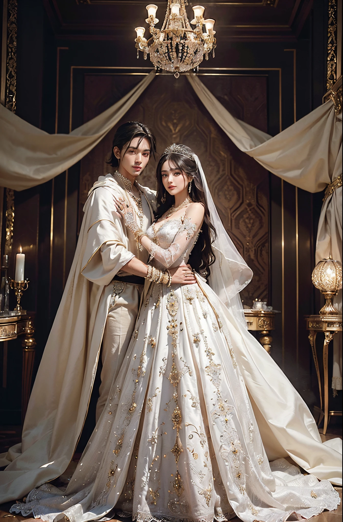 (generate handsome groom and beautifull bride, hugging, at wedding ceremony, (luxury crown), (luxury cloak), wear (detailed luxurious hairpin), (detail luxury wedding gown), (detailed ornament), (detail accecories), expensive detailed necklace, golden flower vase on luxury table, luxury parfume bottle, luxury wall ornament, beautifull sky, luxury wedding aisle, detail luxury golden lamp, luxury candle, beautifull face, pretty face, beautifull eyes, beautifull nose, raytracing, beautifull fingers, beautifull hands, (luxury arm ornament), (luxury bracelet), (luxury ring), (luxury necklace), (4 fingers in 1 hand), full body picture, pretty makeup, perfect anatomy, good lighting, professional photoshoot, 8k, high resolution, detail facs