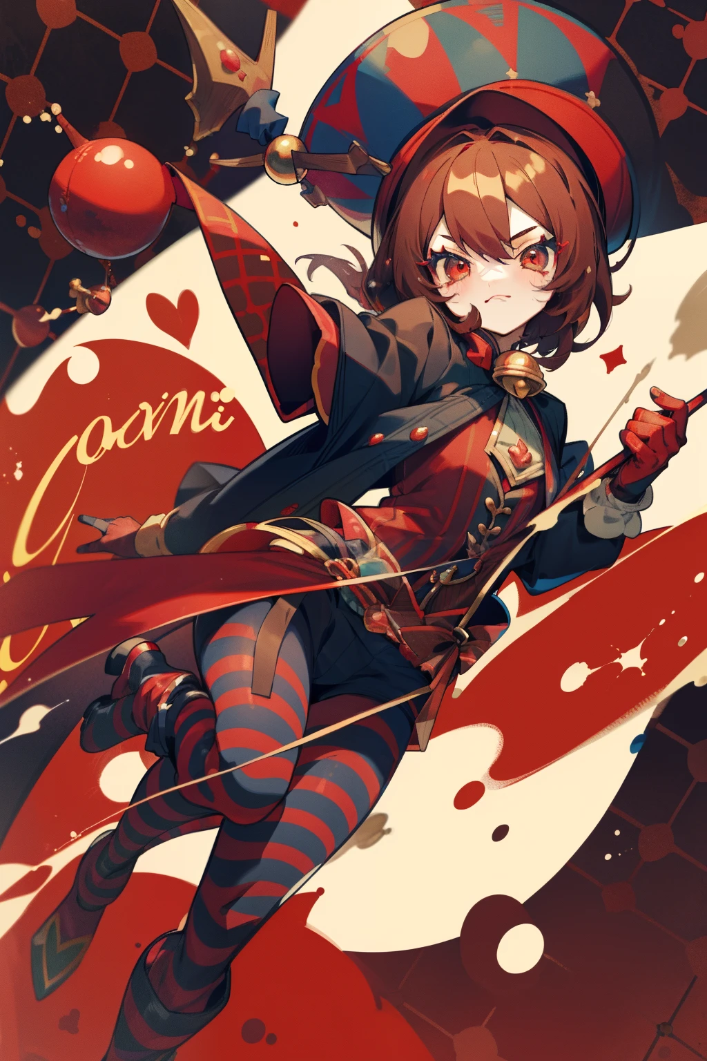 jester girl pomni, big red and black stripe tile style jester hat,red and black and blue suit style, brown hair,with red gloves, red mix black jester outfit, with jester shorts, scared expression, wears red and blue jester hat with bells,