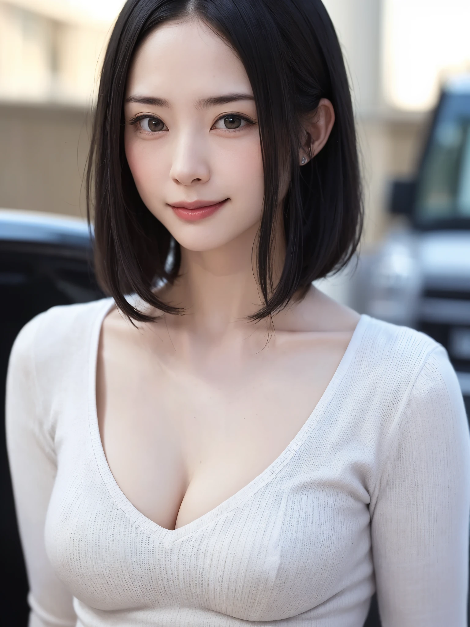 ​masterpiece, 1Beautifulwoman, A detailed eye, Slightly bigger eyes, top-quality, 超hight resolution, (现实: 1.4), OriginalPhotographs, Cinematographic lighting, japanes, Asian Beauty, very extremely beautiful, Beautiful skins, Thin, Front-facing body, (超realisitic), (hight resolution), (8 K), (ighly detailed), (美しくA detailed eye), (ultra-detailliert), A detailed face, looking at the viewers, Facing straight ahead, Neat Clothing、Brunette Short Bob Hair、Lustrous hair、46ポイント斜めbangss、自然のtree-lined streetエース フォーカス、Very eye focus、Head tilt、Very chest focus、underboob、mid-riff peak、hyper realisitic、Photorealistic、masutepiece:1.4, top-quality:1.4、Add intense highlights to the eyes:1.4、Shiny brunette short bob hair:1.4 ),1girl in, 独奏, short dark hair, scarf, Hats,, realisitic, looking at the viewers, brown eyes of light color、 coat, Winter clothes, White headscarf, s lips, lipgloss:1.4，bangss,a closed mouth, The upper part of the body、big eye、Lashes、((Street))、((bangssのあるショートヘア:1.4、big eye、Put very strong highlights in your students、{Gigantic|Big|Huge|Mega} breasts, cleavage、very Bigger breasts、gazing at viewer、Very beautiful beauty、Put your ears out、long neck、little smiling、Close your mouth and smile)))、A beautiful woman full of charm:1.4、(Autumn leaves are blue without people or cars々tree-lined street)