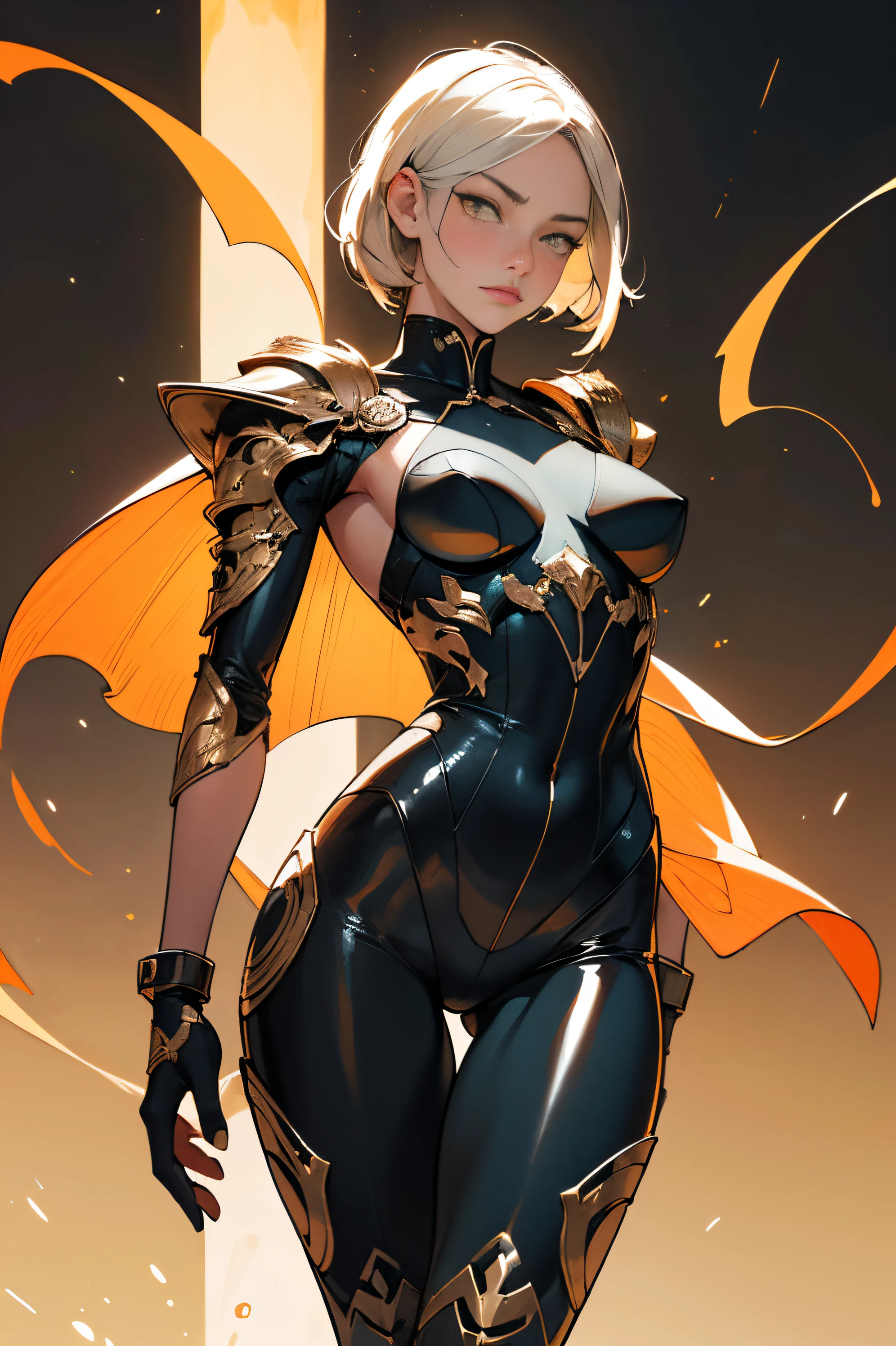 (Artwork of exceptional craftsmanship),(Detailed illustrations,(Art based on a very ideal anatomy),Very detailed and detailed drawing,Delicate lines with slow and rapid,(Realistic texture expression)),[Color tressed main line],[Shinjuku background at night],(HENTAI ANIME) (Japanese NINJA Girl (Beauty) ) petite and muscular [Slim & fit body], Short Bob Cut,([hornet] Orange Ninja Battle Armor) scarf [stall] ((Fitting rubber inner) [honeycomb] [edg]) hair adornments (Dull metallic luster:0.8),gravure [KUNOICHI],(Perfectly proportioned),(Fine and beautiful skin expression [realistic skin detail]),(Design built to the highest level,[Advanced structural understanding of materials],Ideal color coordination),(Intricate and beautiful decoration (Dense detail)),(More on shiny hair),[Perfect hand details],(Beautiful perfect face [Realistic face details]),[Clear gaze],[long and beautiful eyelashes], yellow eyes, yellow irises, [Perfect eye details (Eyes beautifully drawn down to the smallest detail)],(detaileds,high-detail),((Precision Detail),[multi-layer texture],HighQuality,hight resolution),[(Accurate simulation of light-material interactions),Understanding Airflow,Mechanically correct representation],[Visual art that conveys a sense of narrative] [Full body like], fit thighs, thigh gap,[[Desaturation]].