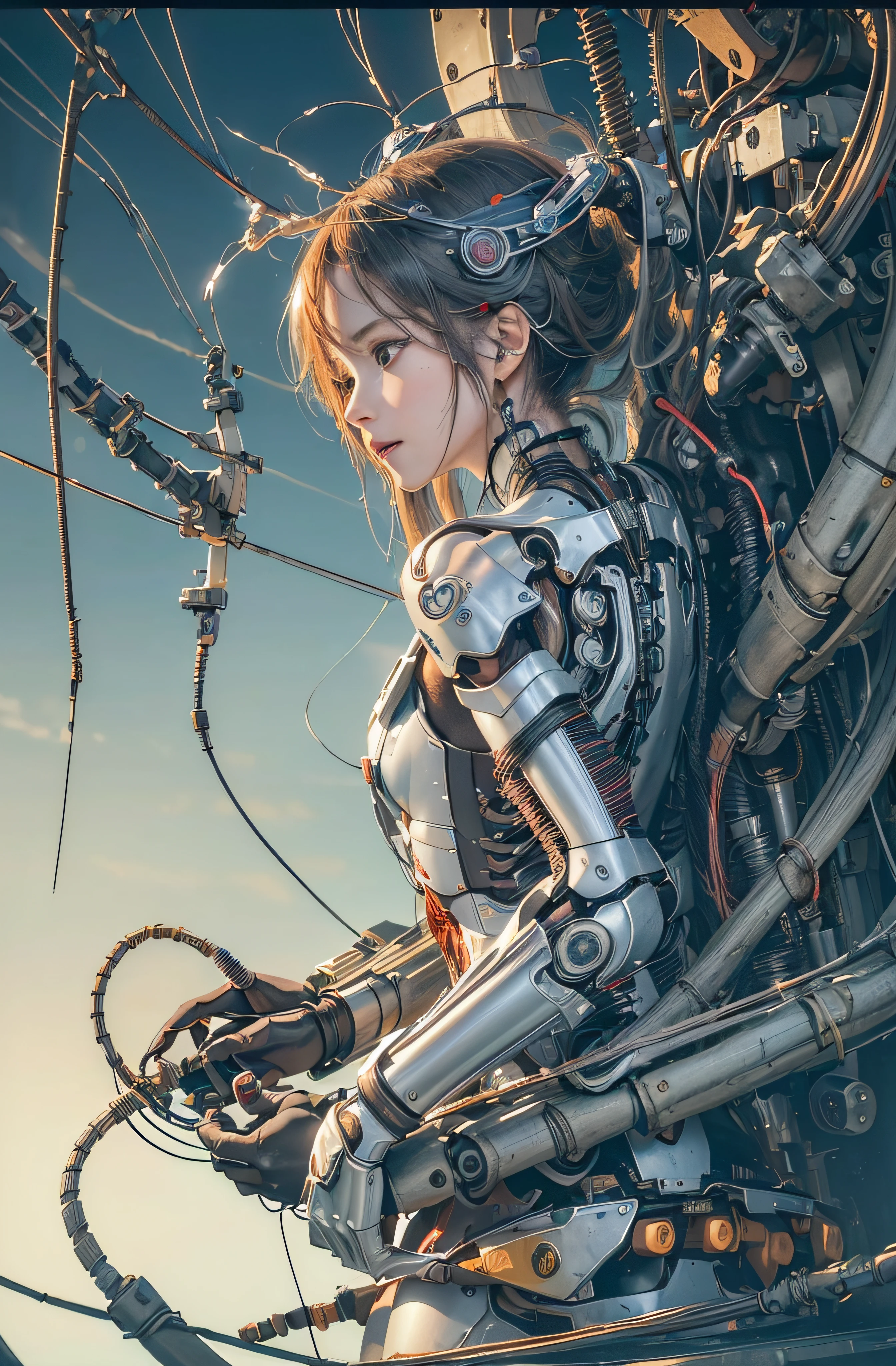 Realistic, Asuna Yuuki, ultra detalhe,(((obra-prima))), (((melhor qualidade))), ((ultra-detalhado)), (Highly detailed CG illustration), ((um rosto extremamente delicado e bonito)),(rosto fofo e delicado), cinematiclight ,((1Mechanical girl)),solo,corpo inteiro,(machine-made joints: 1.4),((machanical limbs)),(Blood Vessels Attached to Tubes),((mechanical vertebra attaching to back)),((mechanical cervial attached to the neck)),((sentado)),no expression,(Wires and cables attached to the head and body: 1.5),(foco no personagem),scientific fiction