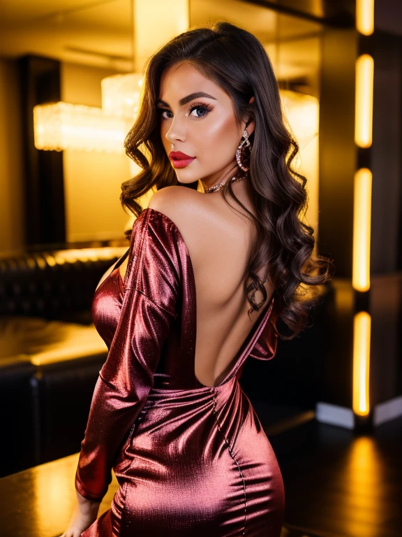 Sexy woman, Albanian, 30 years, cute, neat face, detailed, small neat nose, neat plump lips, big eyes, brown eyes, Alice Milano, long hair, curly hair, natural shine, chocolate hair, full body portrait, focus on face, look back, without makeup, gorgeous, city girl, western, hot girl, night club, sexy dress, red dress with rhinestones, plunging neckline, night California, (masterpiece), best quality, high resolution, extremely detailed, depth of field, close up