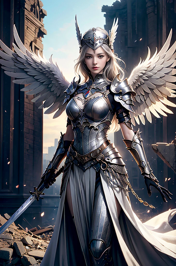 masterpiece, ((1girls, Standing on a crumbling building, close up shot, Realistic)), Realistic visuals, Artistic customization, Attractive beauty, Amazing contrast, 8k wallpapers, absurdity, unbelievably ridiculous, valkyrie, beautiful armor, wings, (Holding a silver sword.)), I was in the air., ((bestquality: 1.5))