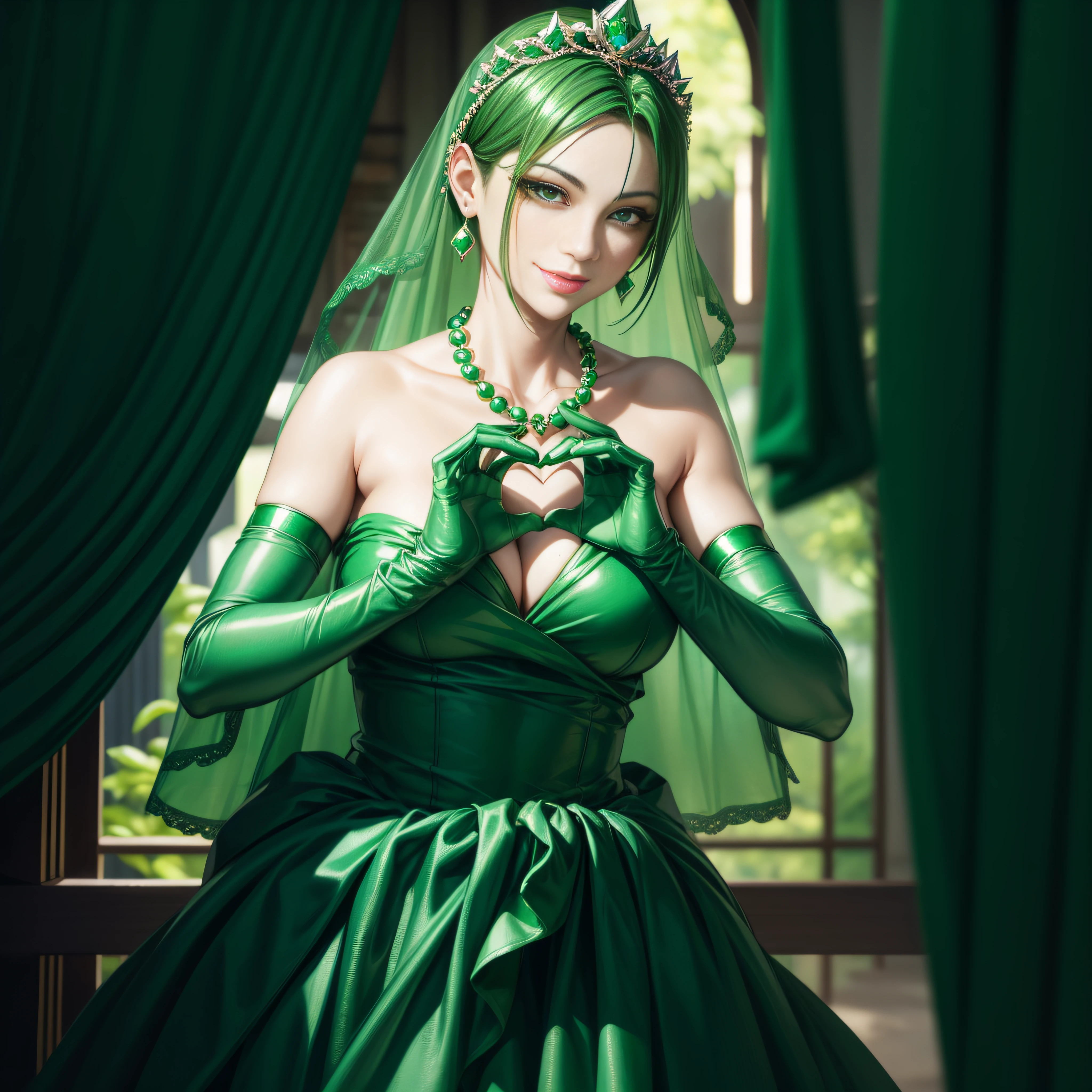 emerald tiara, Green Pearl Necklace, Boyish very short green hair, lipsticks, Japan woman smiling, very short short hair, big breasts beautiful, Green eyes, Long green gloves made of satin material, Green eyes, Emerald Earrings, green vale, Heart with both hands, Green hair