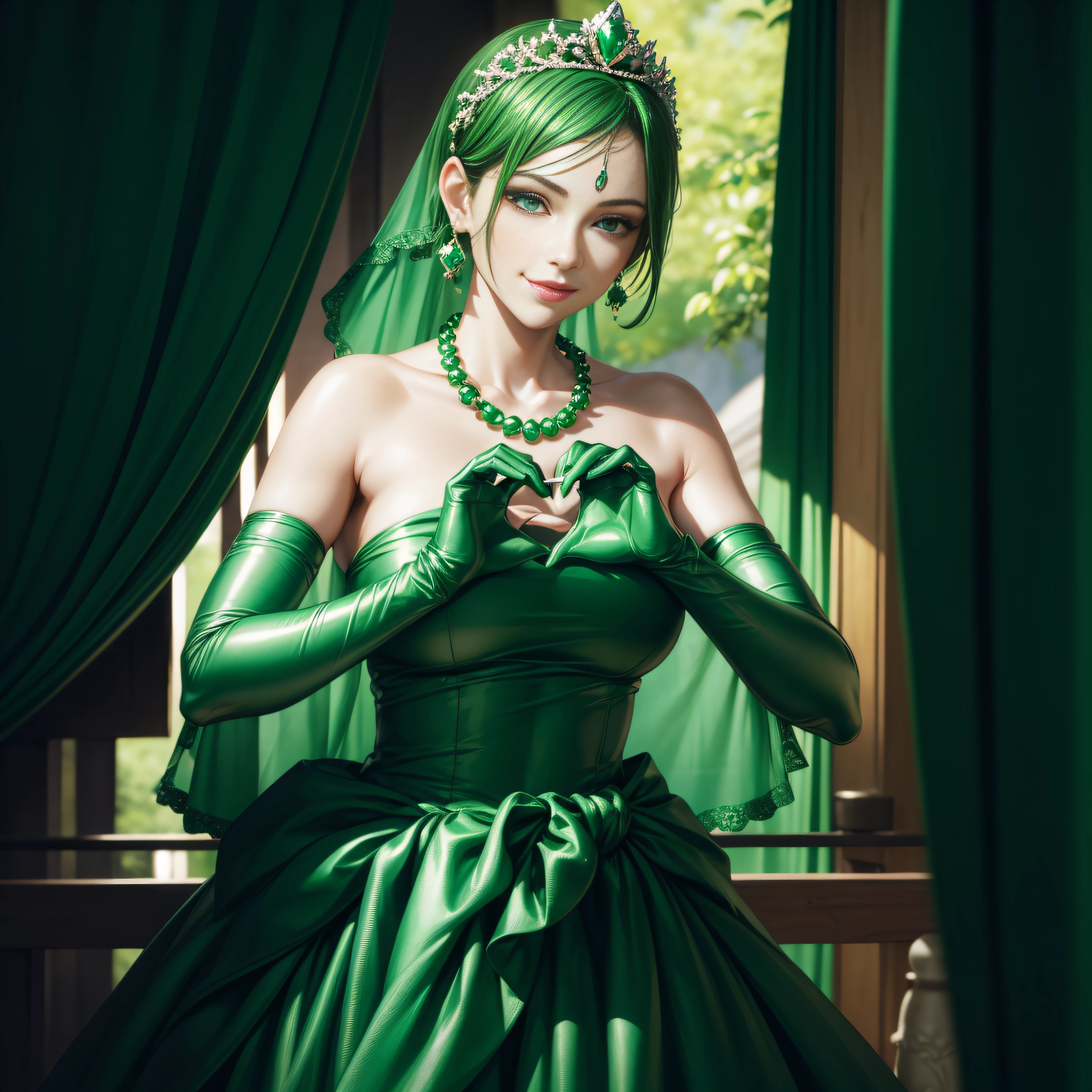 emerald tiara, Green Pearl Necklace, Boyish very short green hair, lipsticks, Japan woman smiling, very short short hair, big breasts beautiful, Green eyes, Long green gloves made of satin material, Green eyes, Emerald Earrings, green vale, Heart with both hands
