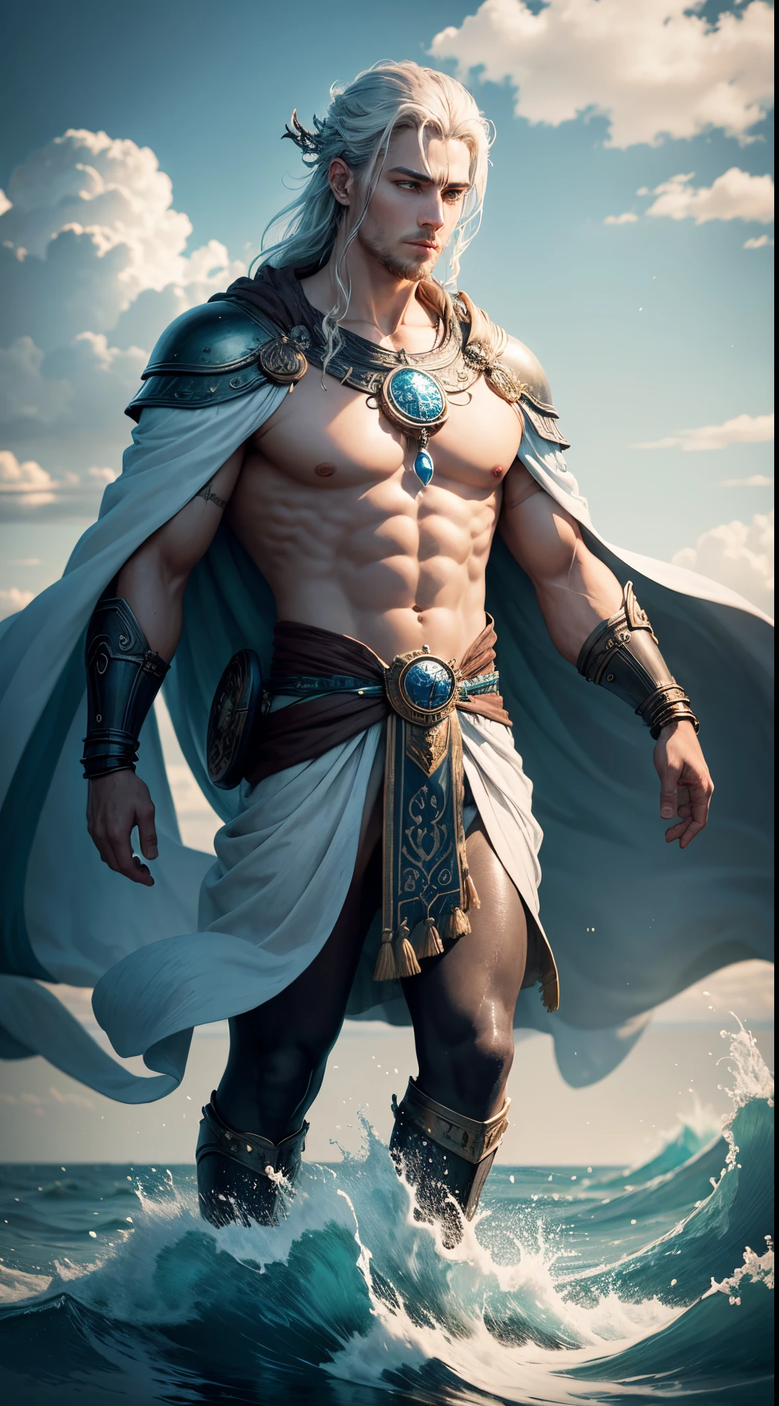 Describe an epic scene from Norse mythology, where the god Njörð, represented with his wise and serene image, emerge das profundezas do oceano para orientar os marinheiros em uma jornada desafiadora. Detail of Njörð&#39;the flowing clothes, the maritime atmosphere around it and the calming influence it has on the turbulent waters. Explore how your presence inspires confidence and hope in the hearts of sailors, as they seek to overcome obstacles under the benevolent guidance of this sea god, He is old, idoso