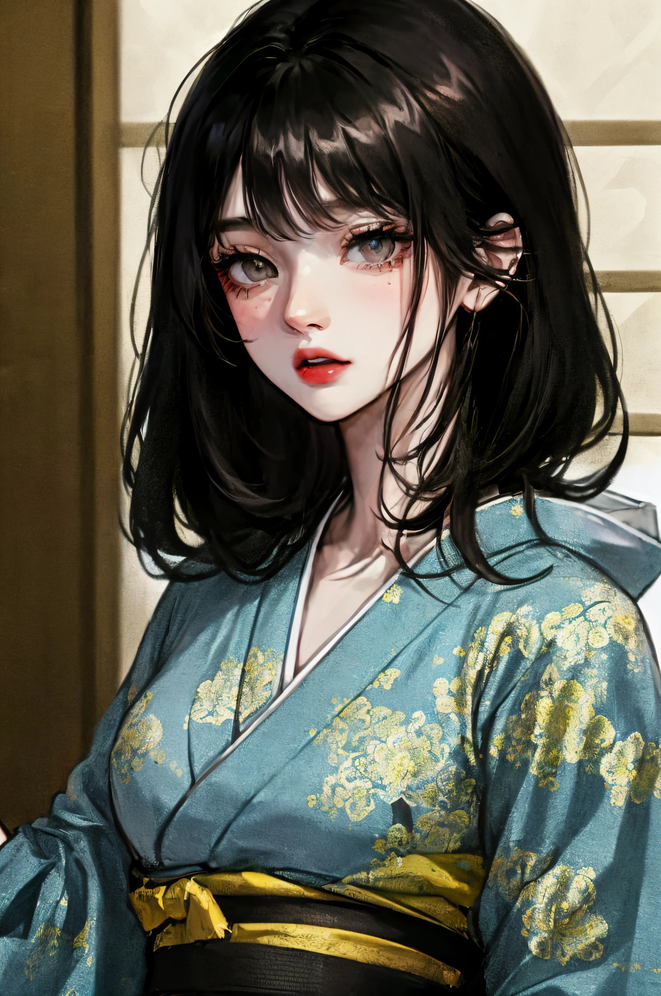 (Top resolution、Distinct_image)top-quality、femele、masterpiece、ighly detailed、Semi-realistic、Black short hair、Dark hair、grey eyes、bangss、21years old、Mature、年轻、Exquisite facial features、Facial features,japanese kimono,summer,blue