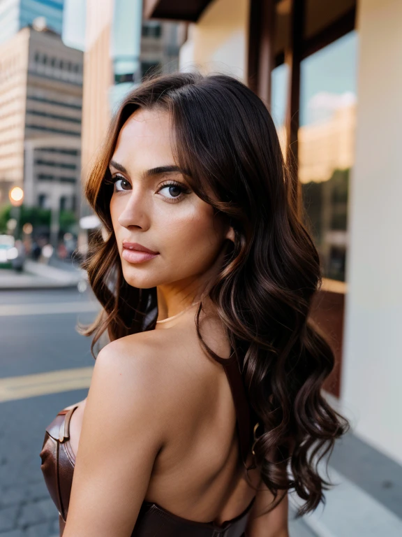 Sexy woman, Albanian, 30 years, cute, neat face, detailed, small neat nose, neat plump lips, big eyes, brown eyes, Alice Milano, long hair, curly hair, natural shine, chocolate hair, full body portrait, focus on face, without makeup, gorgeous, walking in dessert,dressed as Wonder Woman city girl, western, (masterpiece), best quality, high resolution, extremely detailed, depth of field, close up