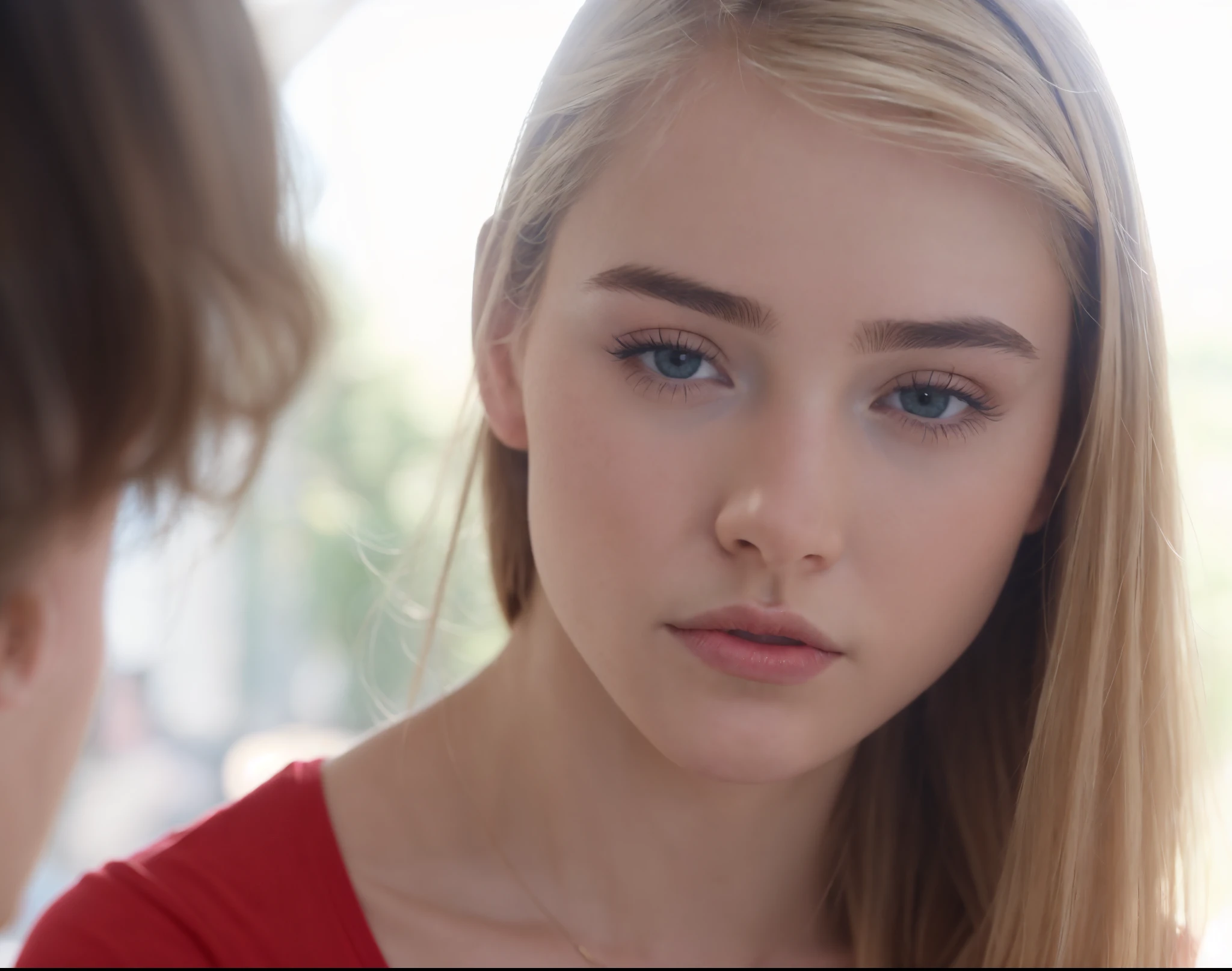 blonde woman looking at her cell phone while standing in front of a man, soft portrait shot 8 k, looking to the side off camera, stunning closeupheadshot, alexa grace, youtube video screenshot, very pretty face, she has a distant expression, hyperrealistic teen, closeup headshot, middle close up shot, screenshot from a movie, a close up shot