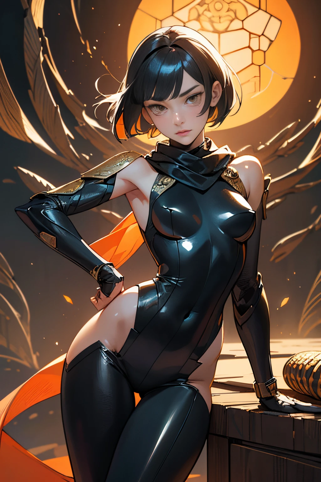 (Artwork of exceptional craftsmanship),(Detailed illustrations,(Art based on a very ideal anatomy),Very detailed and detailed drawing,Delicate lines with slow and rapid,(Realistic texture expression)),[Color tressed main line],[Shinjuku background at night],(HENTAI ANIME) (Japanese NINJA Girl (Beauty)  student) petite and muscular [Slim & fit body], Short Bob Cut,([hornet] Orange Ninja Battle Armor) scarf [stall] ((Fitting rubber inner) [honeycomb] [edg]) hair adornments (Dull metallic luster:0.8),gravure [KUNOICHI],(Perfectly proportioned),(Fine and beautiful skin expression [realistic skin detail]),(Design built to the highest level,[Advanced structural understanding of materials],Ideal color coordination),(Intricate and beautiful decoration (Dense detail)),(More on shiny hair),[Perfect hand details],(Beautiful perfect face [Realistic face details]), [long and beautiful eyelashes], yellow eyes, yellow irises, [Perfect eye details (Eyes beautifully drawn down to the smallest detail)],(detaileds,high-detail),((Precision Detail),[multi-layer texture],HighQuality,hight resolution),[(Accurate simulation of light-material interactions),Understanding Airflow,Mechanically correct representation],[Visual art that conveys a sense of narrative] [Full body like], fit thighs, thigh gap,[[Desaturation]].