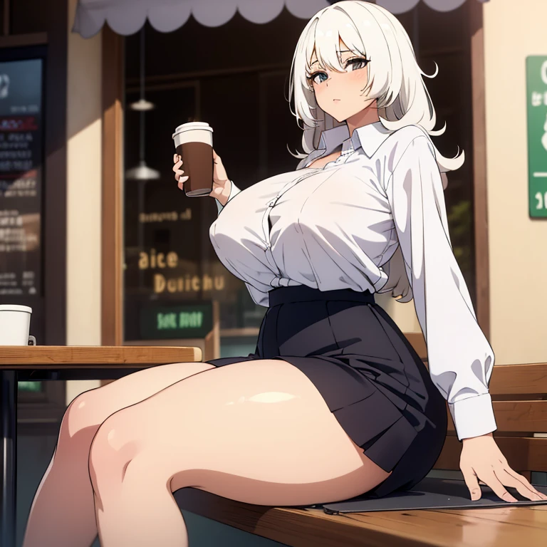 (1 girl), huge breasts, huge ass, big thighs, small waist, white hair, luscious messy hair, curious face, tall(adult), perky nipples, sitting outside cafe, skirt, white buttoned shirt, shirt tucked in, small coffee cup in hand