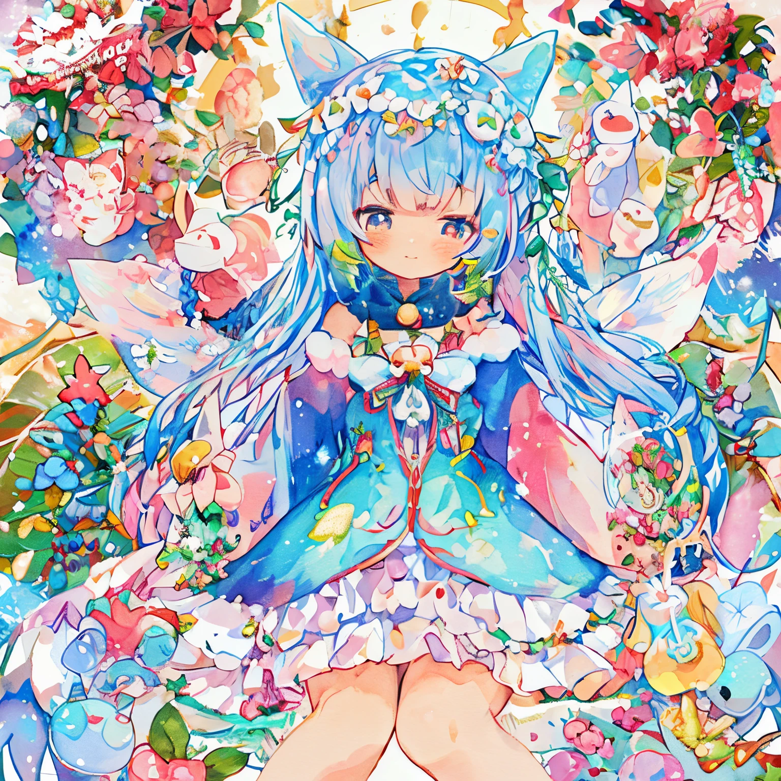 Right fist、(Cute illustration:1.1)、(watercolor paiting:1.2)、(vibrant glow:1.2)、striking contrast、Beautifully detailed、Best Quality,, Anime、christmas night、shuicolor、blanche、Snowflake、Snow Noel、illuminations、Holly、、stele、white Christmas、Christmas tree、Glitter、cinematric light,1girl in、(Fairy with white and light blue striped wings、faerie:1.5)、、(Waving:1.3)、、masutepiece, Best Quality,, Anime, Dress, knee sox, Lace, 、Holly、Flower Arrangement Wreath Background、A smile、(PastelColors:1.2)、(Cute illustration:1.2)、(watercolor paiting:1.2)、、,levitation:1.1、Thick wool gown:0.3