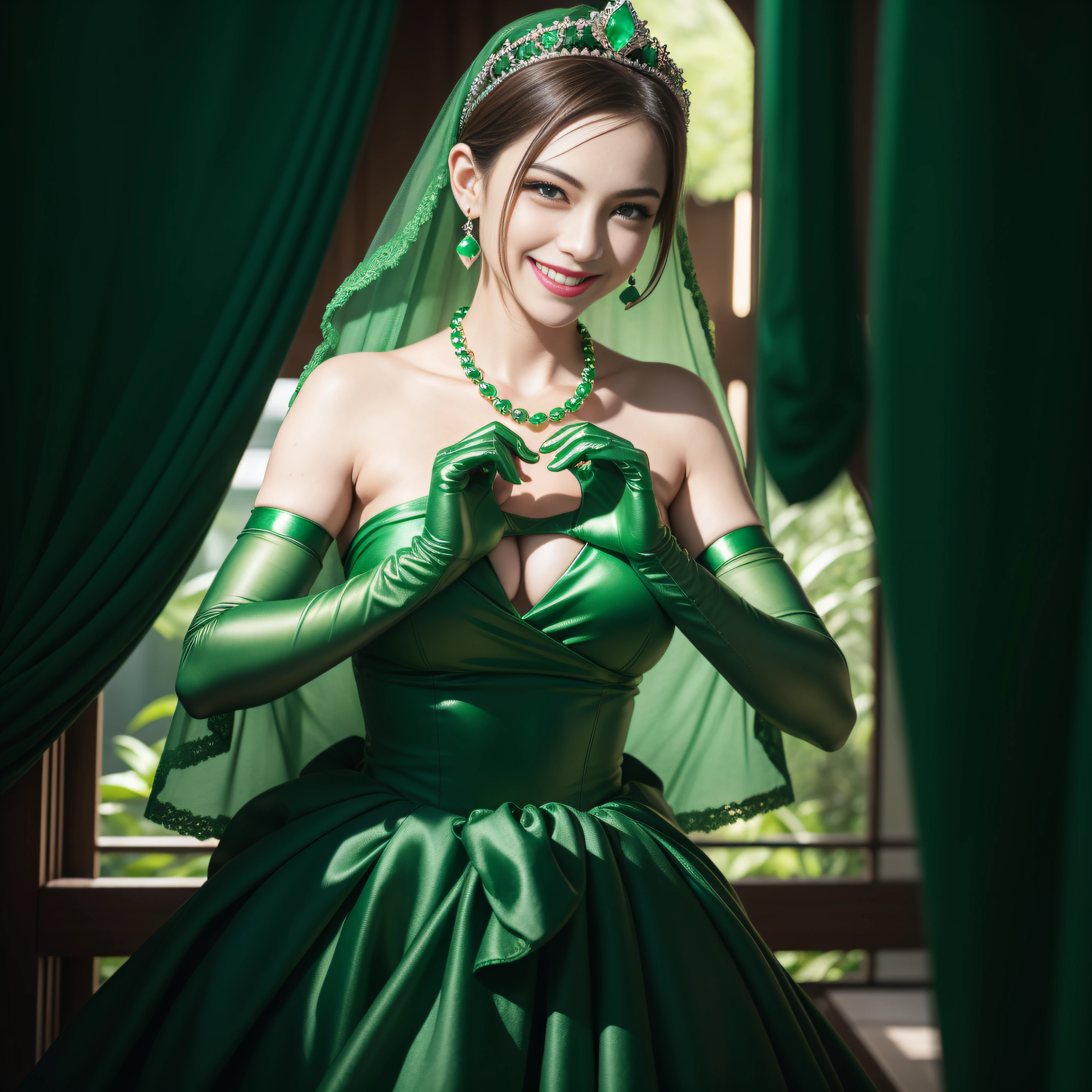 emerald tiara, Green Pearl Necklace, Boyish very short green hair, lipsticks, Japan woman smiling, very short short hair, big breasts beautiful, Green eyes, Long green gloves made of satin material, Green eyes, Emerald Earrings, green vale, Heart with both hands