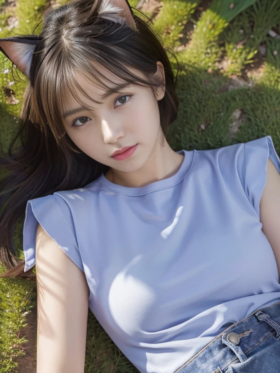 (wearing jeans salopette:1.3), Lie down on the grass, Overhead camera, sharp focus, handsome, skinny,professional lighting,city,rendered eyes,tall body,adult woman,hair ornament,instagram most viewed,official wallpaper, official art,(kpop idol), half-closed eyes,building,((photorealistic painting art by midjourney and greg rutkowski)),((supermodel))(red lips, ) , crying, cat ears, standing