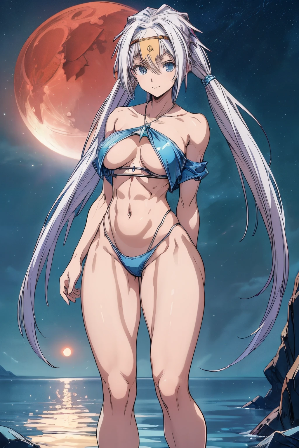 (1 girl), (((Velzard de tensei shitara slime datta ken))), She has fair skin, eyes the color of blue diamonds and long, shiny, pearl-white hair, reaching down to her waist, she wears a blue pendant in the shape of a star and a golden band on her head, (wears a very short black bikini), large breasts, thin arms, (muscular belly), (((muscular legs))),(standing), thin waist, bare feet and very detailed, beautiful feet and well-shaped toes, (full body photo), (((scenery on the night beach with starry sky and blood moon in the sky))), twintails, empty eyes, empty eyes, empty eyes, eye reflection, glowing eyes, bad mood, anime, anime style, ray tracing, cinematic lighting, panorama, Sony FE, UHD, masterpiece, anatomically correct, super detail, high quality, best quality, high resolution, 16k