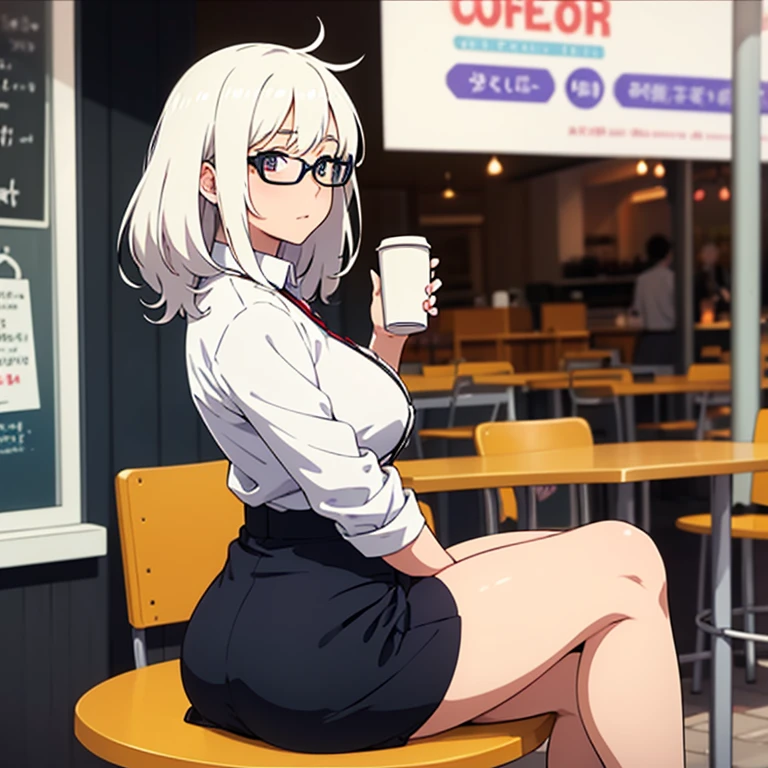 (1 girl), huge breasts, huge ass, big thighs, small waist, white hair, luscious messy hair, curious face, tall(adult), perky nipples, sitting outside cafe, skirt, white shirt, laced buttoned shirt, shirt tucked in, small coffee cup in hand, sleeves rolled up, thin round glasses