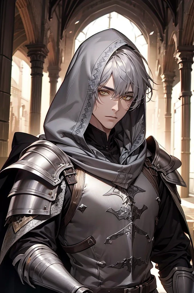 male, messy silver medium length hair with bangs, yellow eyes, adult face, adult, white hood and shroud, breast plate armor, lean and handsome, condescending, fantasy, magic, dungeon