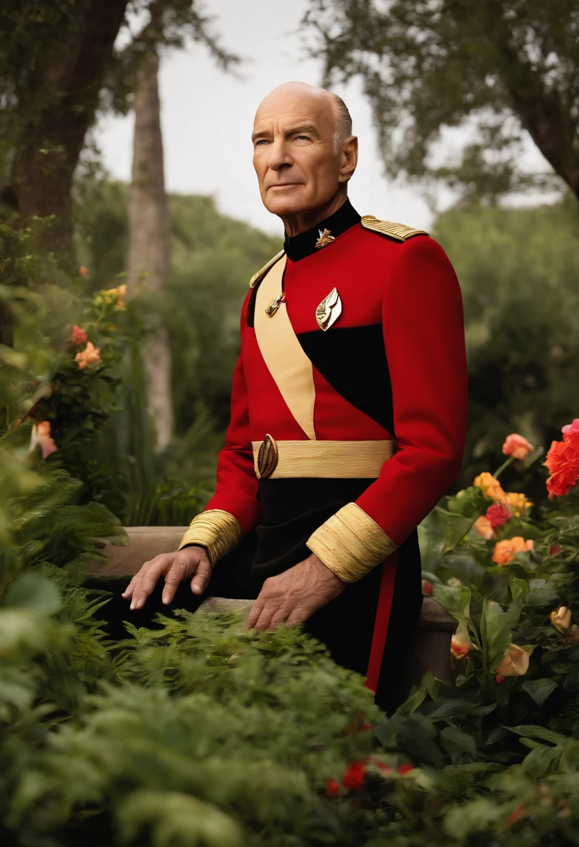 A photo of Captain Picard enjoying a peaceful moment in the ship's arboretum, surrounded by lush greenery and colorful exotic flowers.,Star Trek: The Next Generation,Picard is bald, with a poised, upright bearing, and a measured, commanding presence that complements his tactical brilliance. His visage is marked by sharp, discerning eyes and a stately air, often clad in the sleek, red and black Starfleet uniform that denotes his rank and the respect he commands as captain