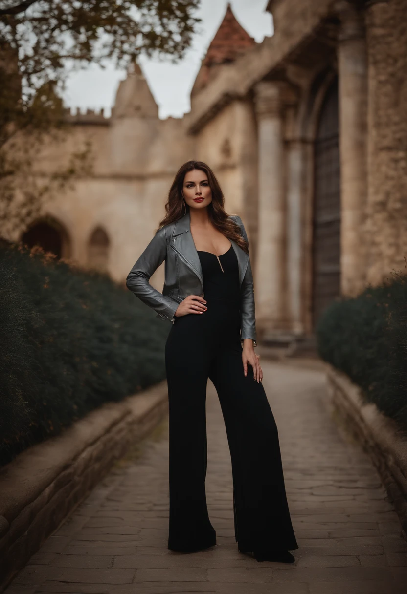 GalG is 35 years old , hight 5 feet 10 inches ,measurements 34-24-34 ,, weight 120 pounds ) (miedium shot ))){ with {long, flowing hair} is standing {dynamically} . show hands and feet walking in a (((long shot )))((( medium shot photography ))) She is wearing {a striking bright grey leather short Jacket, and black jumpsuit } that accentuates her {svelte figure} and {}. The setting is {outside A ancient castle. }, with {on the street} and {buildings} in the background.