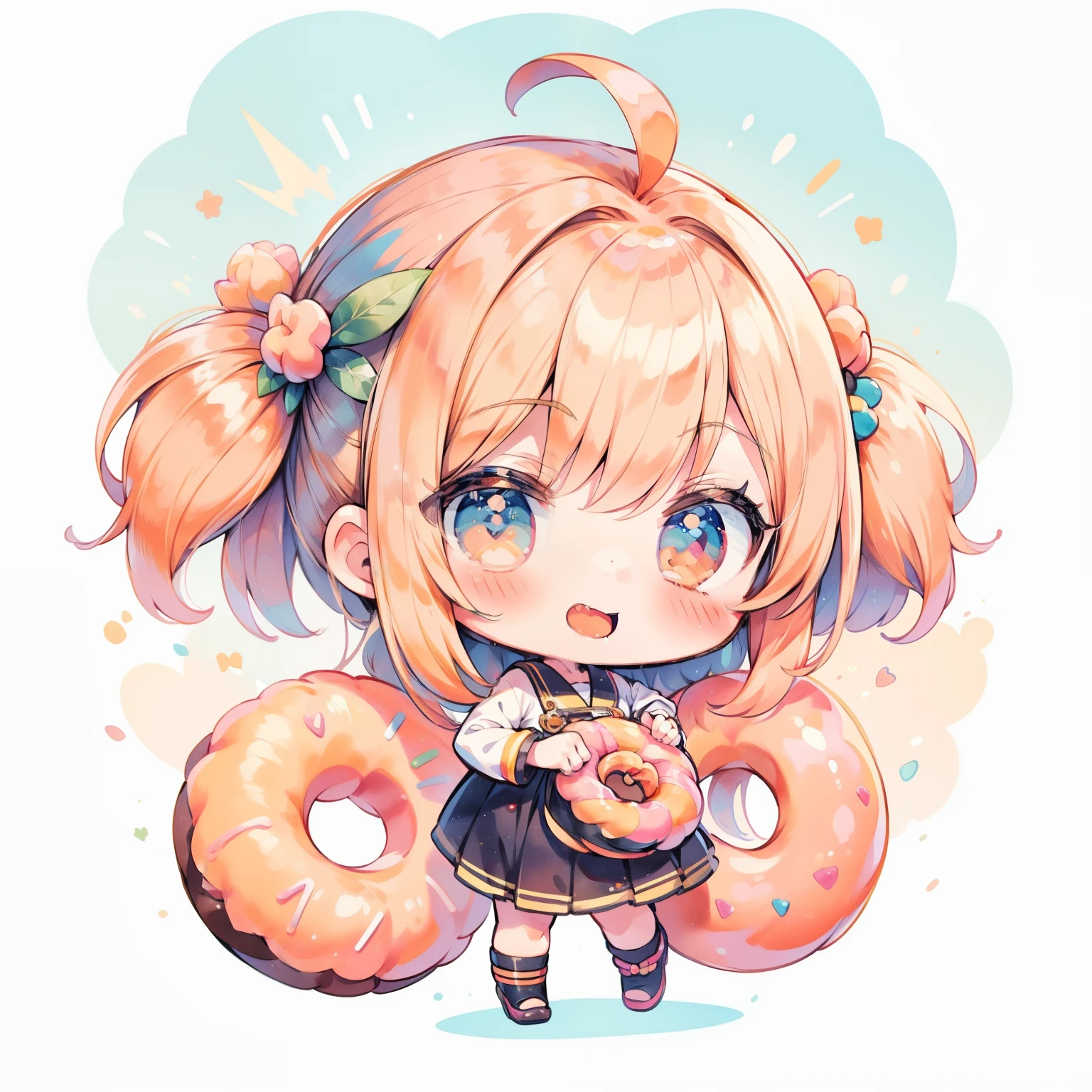 masterpiece, Best Quality, Extremely detailed, Anime, Eat a big donut, girl with, Solo, fullllbody, Ahoge, peach hair, Deformed, Chibi Character, Colorful, Happy, (peach theme color:1.2), (hex color #FFDAB9)