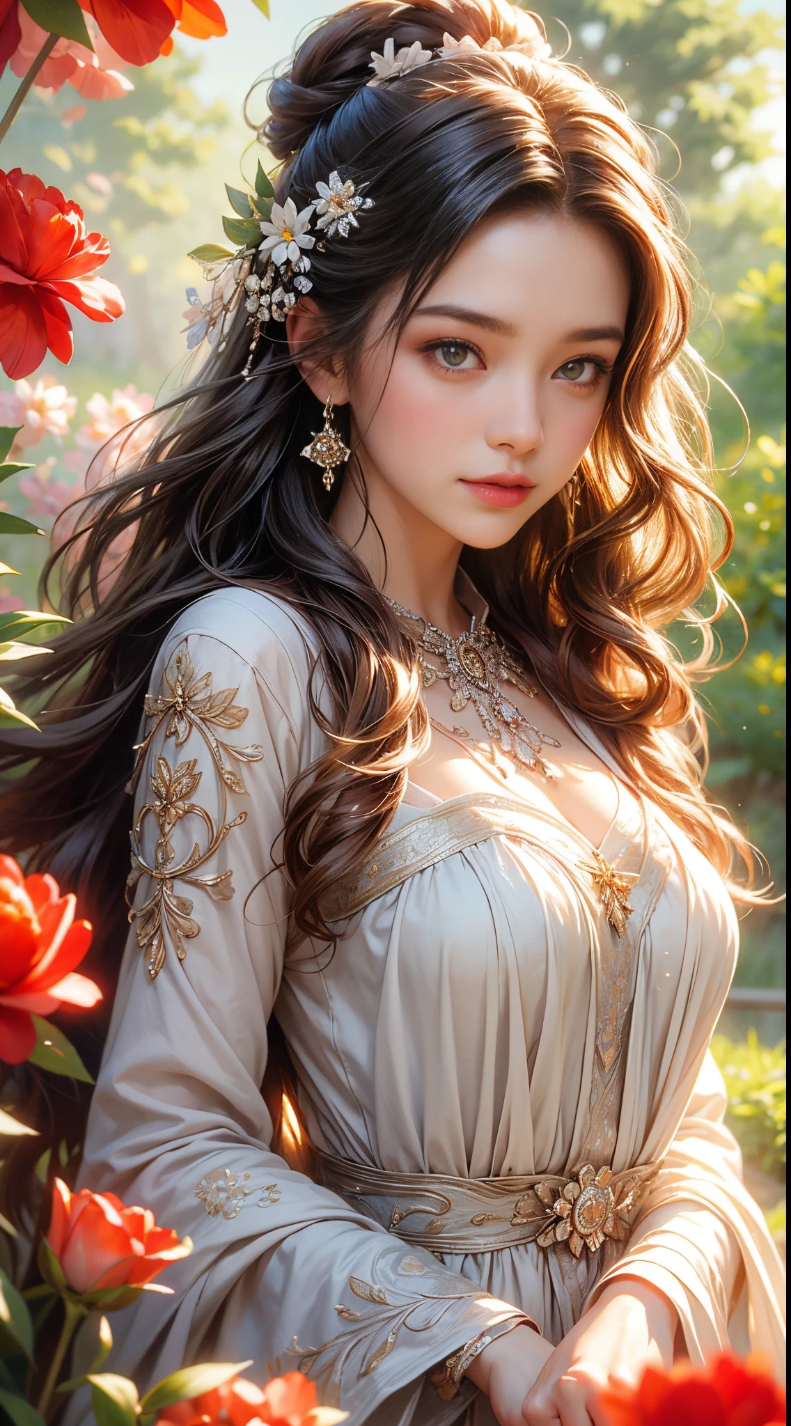 Wearing a bright red dress,Bring out her fair complexion, Standing gracefully in front of a flowery garden,Front Shooting, Double exposure effect creates an ethereal atmosphere,bathed in the warm glow of the sun. The garden was full of colorful flowers, Including roses, tulips, and daisies, Create a picturesque background. girl surrounded by breeze, Let her hair flow gracefully. As she gazes into the distance,Her eyes are full of curiosity and innocence, hinting at her charming smile, There's a story behind this. Portraits are created with oil paints, Give it a rich and timeless feeling. vivd colour、with dynamism, Focus on warm colors,Create a feeling of warmth and well-being. The lighting is soft and natural, Gives girls a soft glow;s face, exquisite detailing,Enhance her facial features,Create a sense of depth. The overall quality of the artwork is of the highest standard, Every stroke reveals the artist's style'styled'Stylized'talent;talent;Skills and attention to detail. The degree of reality is shocking, Make your portrait come to life, Evoke a connection with the audience. This masterpiece captures the beauty and essence of the girl, provides a timeless and captivating manifestation of her existence.