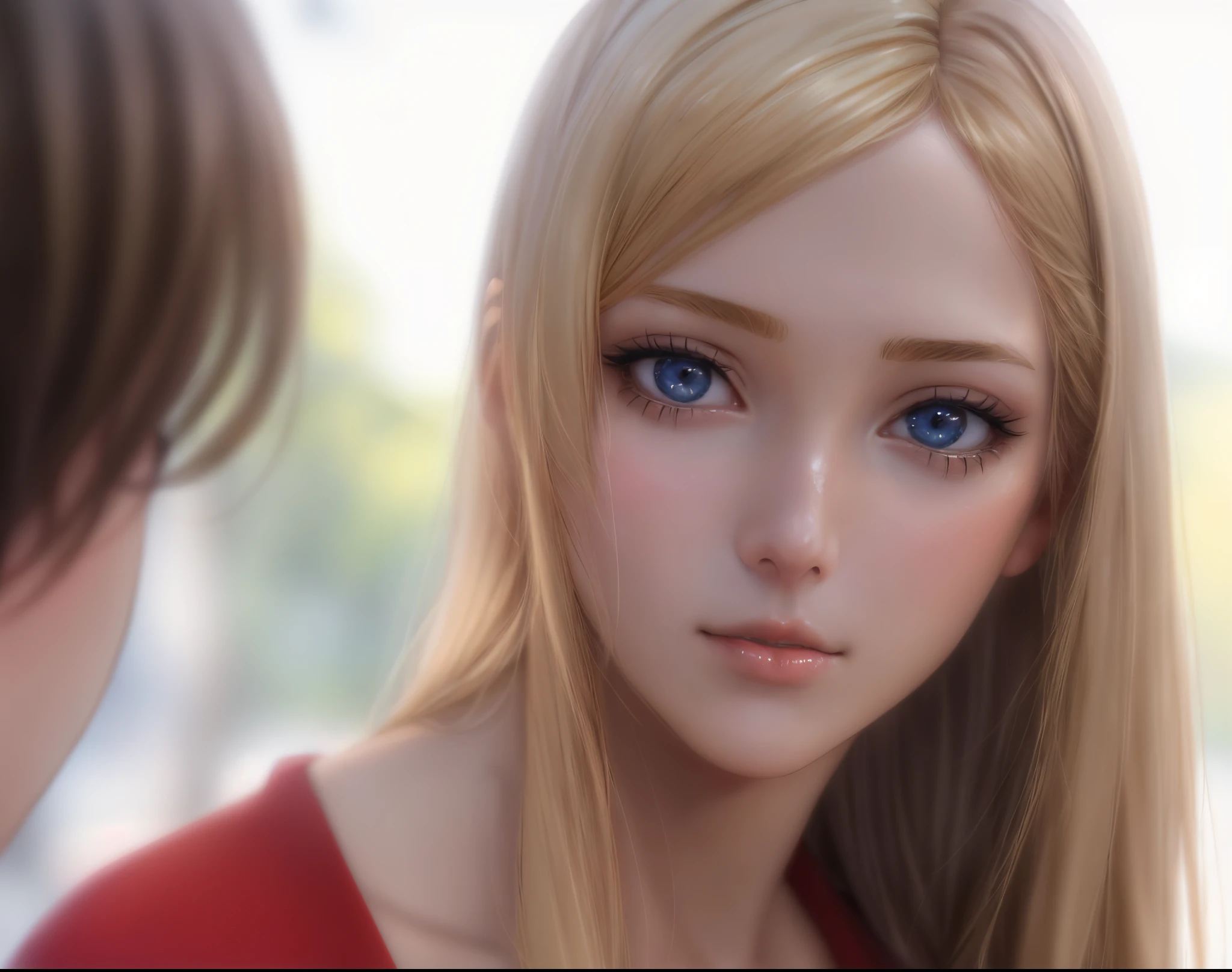 blonde woman looking at her cell phone while standing in front of a man, soft portrait shot 8 k, looking to the side off camera, stunning closeupheadshot, alexa grace, youtube video screenshot, very pretty face, she has a distant expression, hyperrealistic , closeup headshot, middle close up shot, screenshot from a movie, a close up shot