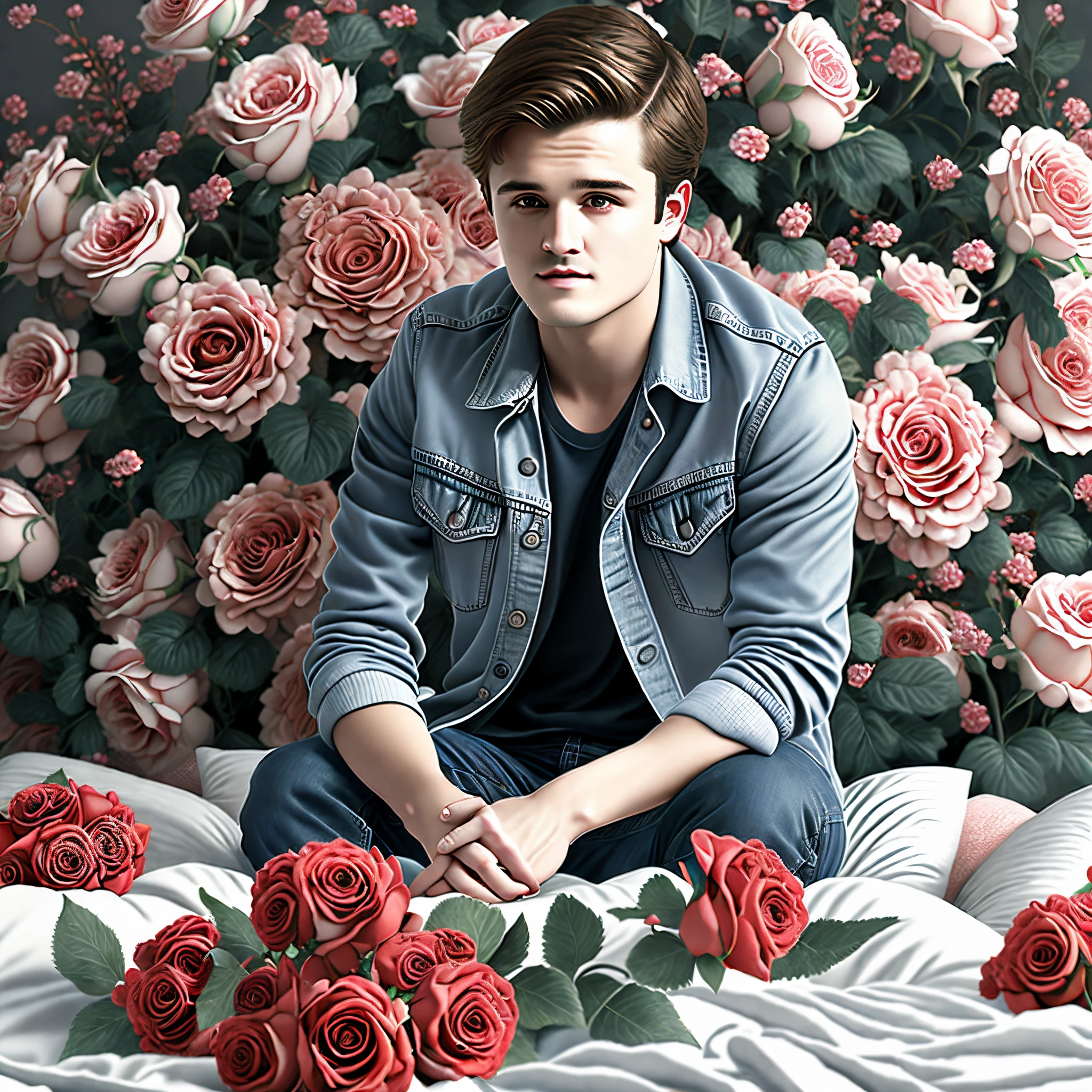 Hyper realistic josh hutcherson sitting on a bed with roses all around him