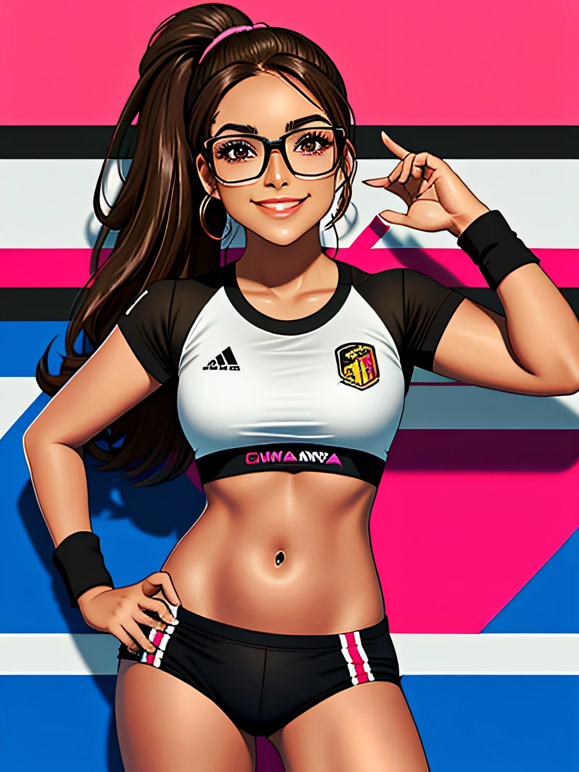 Boxer chica negra. brown skin. Light brown hair ponytail. labio rosado. Una sonrisa confiada. Lleva guantes de boxeo rosas.. Llevo un sujetador deportivo rosa. Labios gruesos y sexys. Maquillaje llamativo. Guantes de boxeo bien formados. Dos mujeres. Una con gafas, besar a una mujer. El fondo es el vestuario de un gimnasio de boxeo..