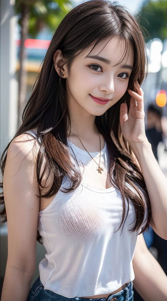 ((Luzes Realistas、best qualityer、8K、Master masterpieces:1.3))、Clear focus:1.2、 one-girl、perfect body beautiful:1.4、Slim abs:1.1、The whole body、((dark brown hair、A large breast:1.3))、(Accelerate:1.4)、(exteriors、sunlights:1.1)、View of Waikiki Beach、palmeiras、rosto magro、Fine Eye、二重まぶた、poses of fashion models、Fluttering、tee shirt、pendant、An angel's smile、A smile of shame