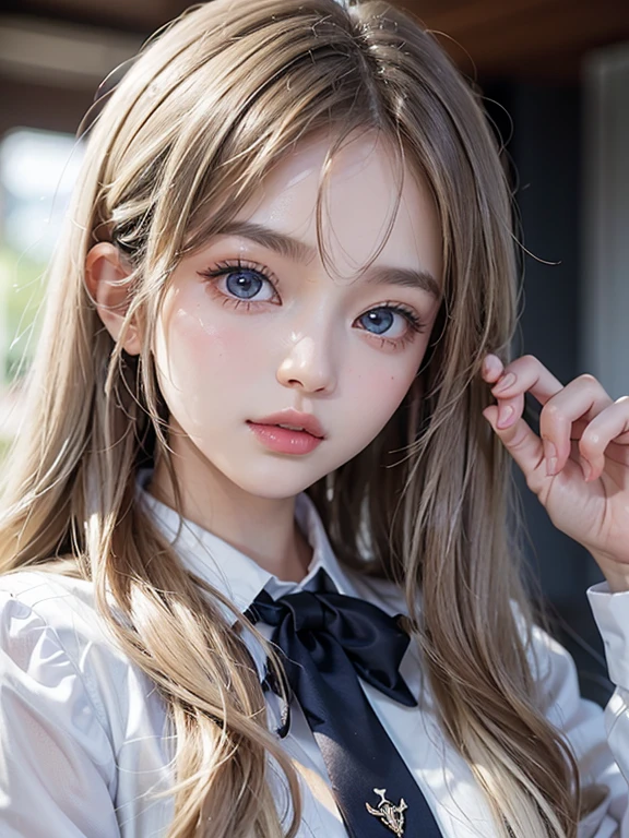 1womanl, up of face, mideum breasts, light brown hair, Blunt bangs, hair behind ear, hair over shoulder, Long hair, slender body shape, Ultra Fine Face, Thin face, Delicate lips, Beautiful eyes, thin blush, eyes are light brown, perfect glossy skin, flawless skin, Glistening sweat,View here, Ultra-thin hands, Ultra-fine fingers, best ratio four finger and one thumb, (realisitic:1.3), Finger Extensions, School Uniforms、White dress shirts、Dark blue pleated skirt、Classroom, One-person viewpoint, Fuji Film, medium breasts, 8K, masutepiece, nffsw, Super Detail, High quality, Best Quality, hight resolution,