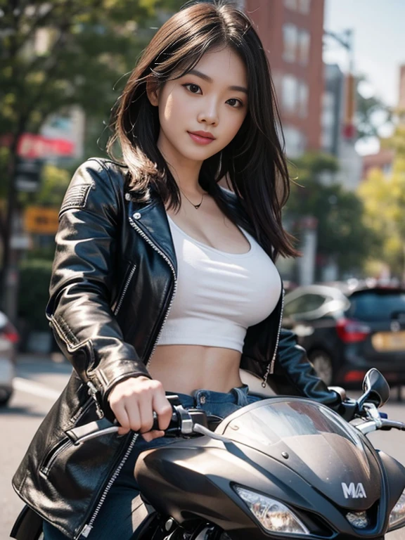 Ultra-detailed, 1 girl, Asian, athletic bodies, Realistic skin texture, Long hair, (breasts:1.1), Smile, gazing at viewer, motor cycle, Leather jacket, Cotton cropped T-shirt, No helmet, Movie Lighting, Face Focus, Fine eyes, Detailed face, Bright face, A clear day, Motorcycle on background,Boob emphasis,Open cleavage,((huge-breasted:1.4)),obscenity,erotick,