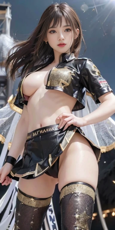 (8K, Raw photo, Best Quality, masutepiece:1.2), (Realistic, Photorealsitic:1.37), 超A high resolution, 1girl in, 18 years old, (Idol:1.4), (famous actress :1.4), (beautifull detailed face:1), Bangs, (Multicolor floating hair), Skin Dentation, Light makeup, (Beautiful :1.3), (gleaming skin:1.1), Shiny skin, long limbs, slim, hanging breasted:1.3, Narrow waist, medium , thin legs, slim thigh, Dynamic lighting,  suggestive faces, Glossy texture, lip stick, V-shaped eyebrows, v-line jaw, Looking at Viewer, (Long hair:1.3), (Perfect face:1.4), ((heavy wind)), Flowing hair, audience, (Smile:1.3), blue-sky, (((Mt fuji:1.3))), (((Event Venues:1.3))), ((Grid Girl:1)), Pink lip, Light makeup, (Detailed promotional costumes are intricately worn:1.10), lace-up boots, Short sleeves, White cropped tops, ((Short jacket:1.3)), knee high, (((Nylon short sleeve jacket with many logos))), (Knee Length Glitter Nylon Pleated Skirt), ((Asymmetrical medium size nylon pleated skirt)), (Glitter leggings), small , (Hide the ), ((Promotional wear with logo:1.3)), (((Black and Gold Glitter Promotional Wear:1.3))), Fingerless gloves, Navel View Style, A dark-haired, Brown hair, Red hair, Blue eyes, (sweat drop:1), (Dynamic Angle), Walking, bending forward, audience,Upper body 、beutiful 、Beautiful 、