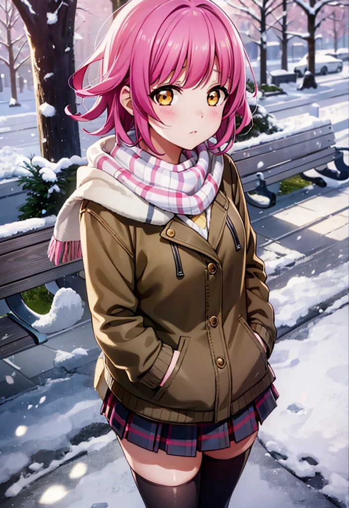 1girl, solo, tennouji rina, short hair, pink hair, ahoge,, o, thighhighs, blush, looking at viewer, expressionless, small breasts, perfect face,top-quality, ultra-quality,from above, solo, rown coat, scarf, kneehighs, blank eyes, inexpressive face, park, waiting, bench, snow, snowing, tree, nature,